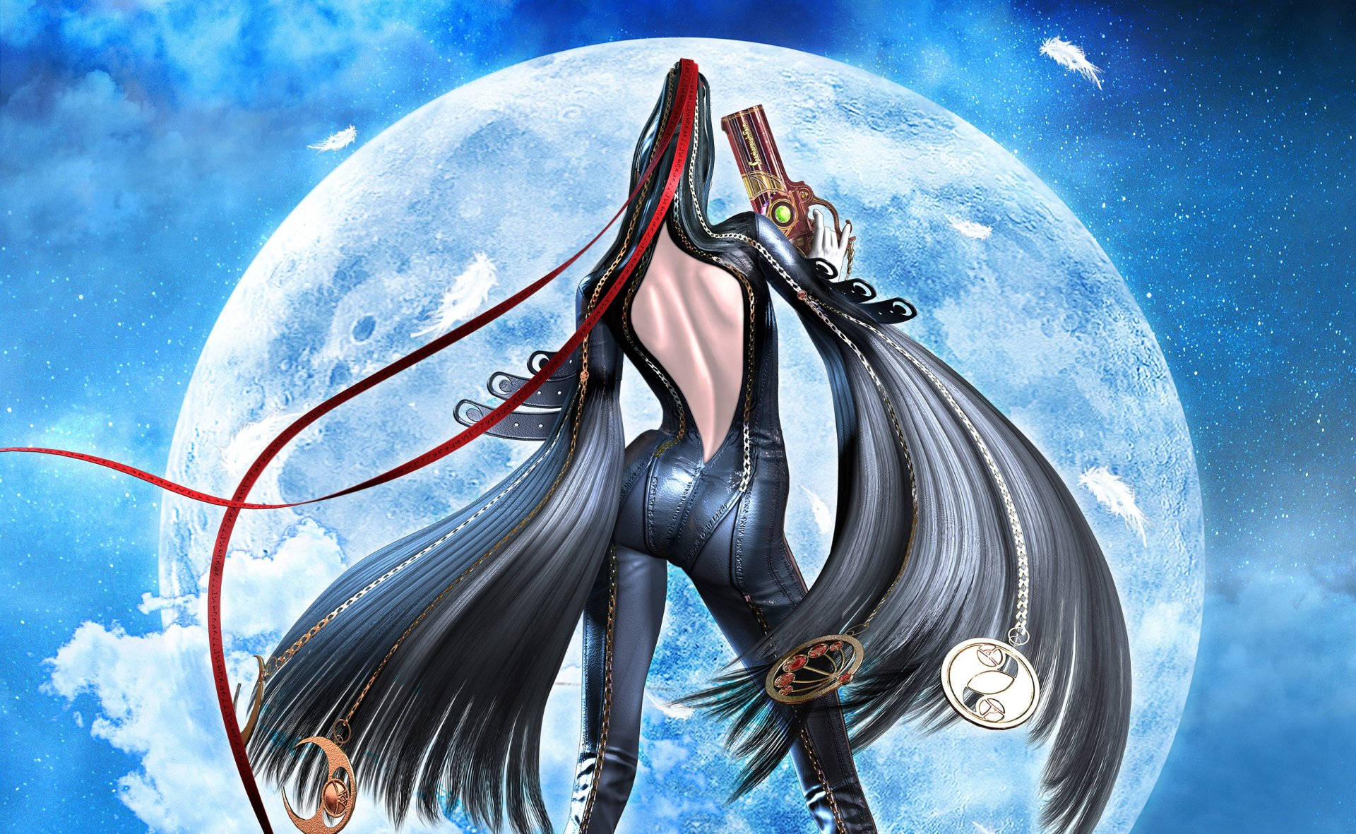 Bayonetta 月光背影 壁紙 — 一位黑髮動漫女性穿著黑色皮革服裝，站在巨大的月亮前，手持槍支，紅色絲帶在星空飄揚。