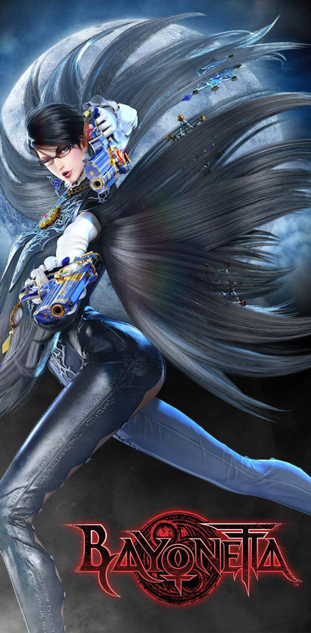 Bayonetta 滿月肖像 壁紙 — Bayonetta 以動感姿勢拔出槍支，背景是旋轉的深色頭髮和發光的月亮，風暴般的場景。