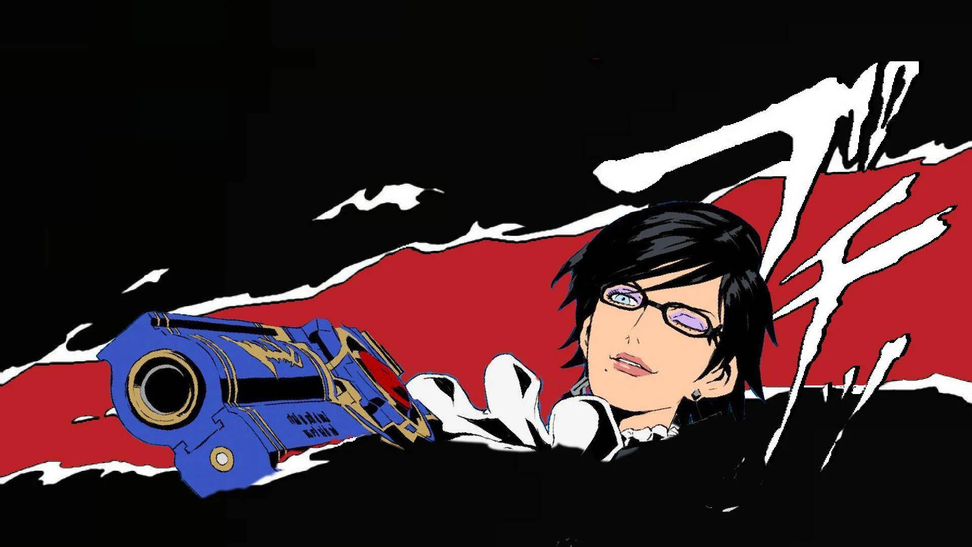 Bayonetta 漫畫風格 壁紙 — 一個戴眼鏡的風格化動漫角色，在帶有動態白色筆觸的大膽紅黑背景上拿著一把藍色槍。