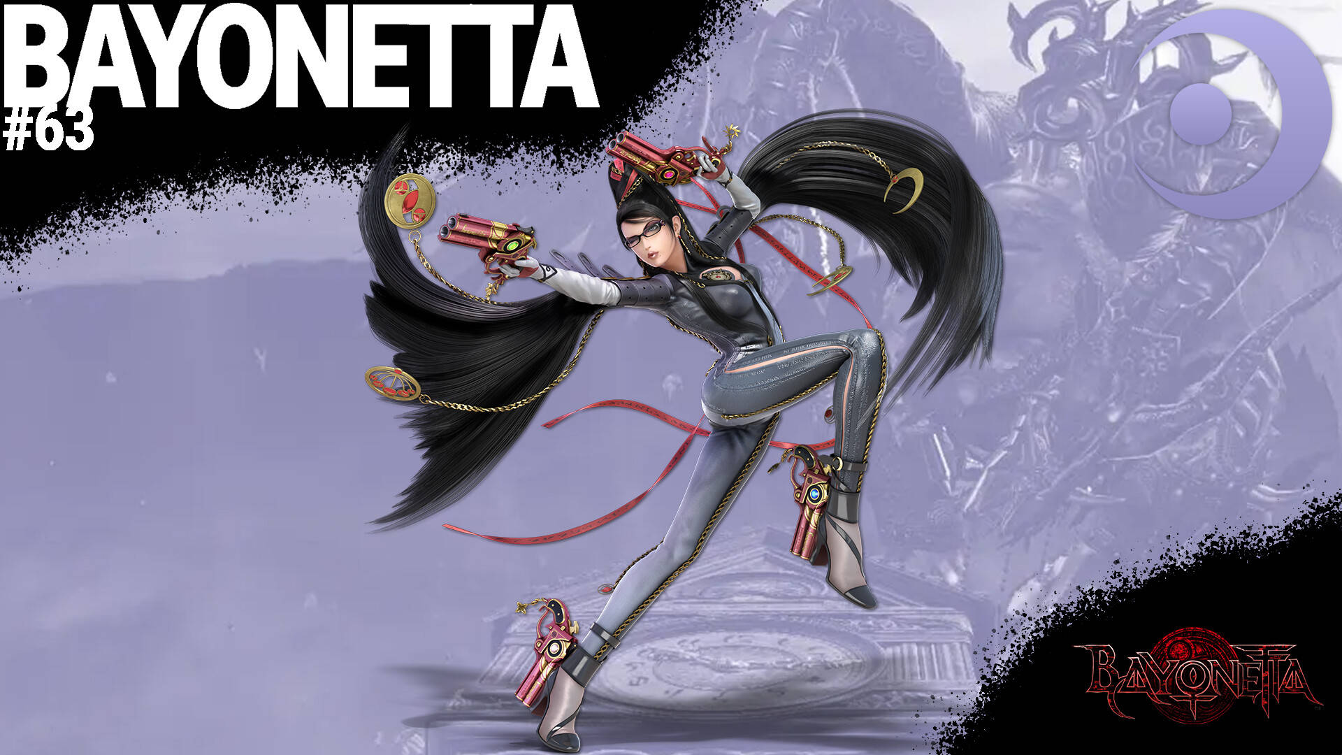 Bayonetta 灰色西裝 壁紙 — Bayonetta 擺出動感姿勢，手持槍械，黑色長髮飄逸，紅色絲帶，背景是神秘的紫色。