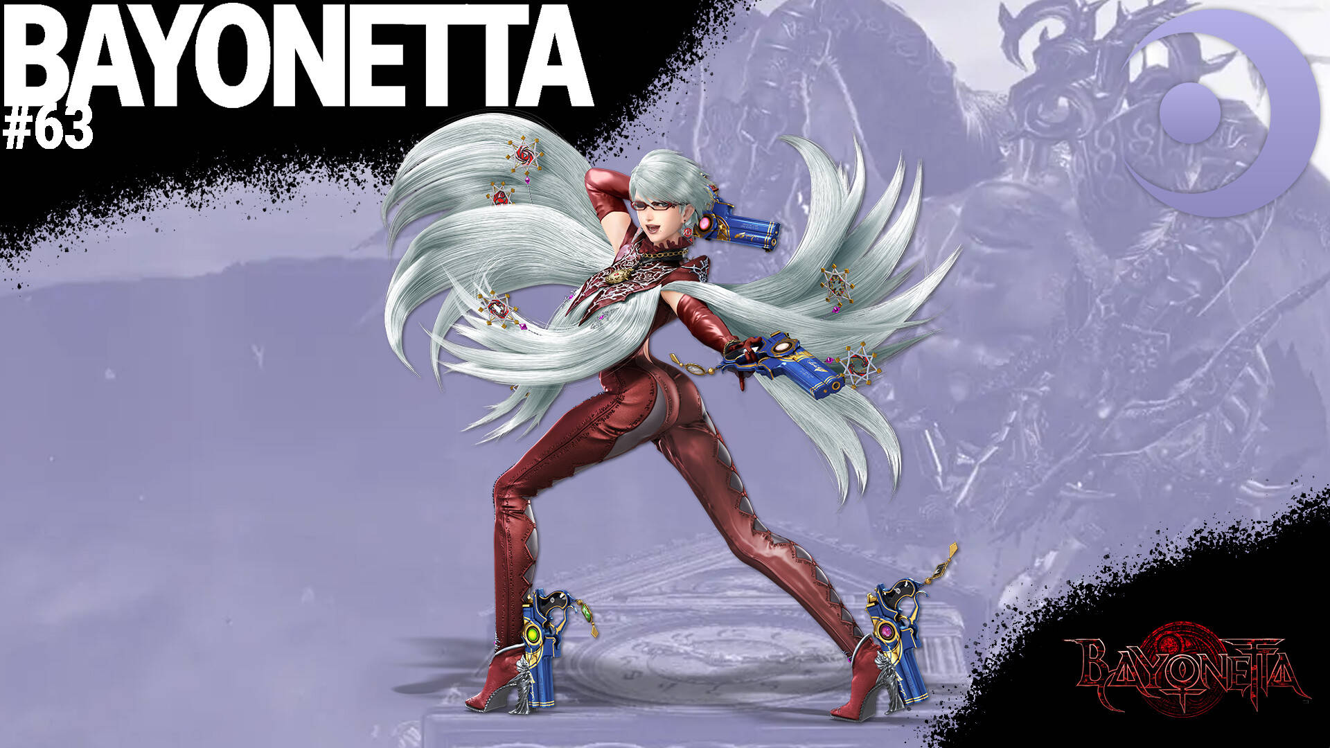 Bayonetta 灰髮造型 壁紙 — Bayonetta 以飄逸銀髮和紅色服裝在神秘紫色背景下擺出動感姿勢。