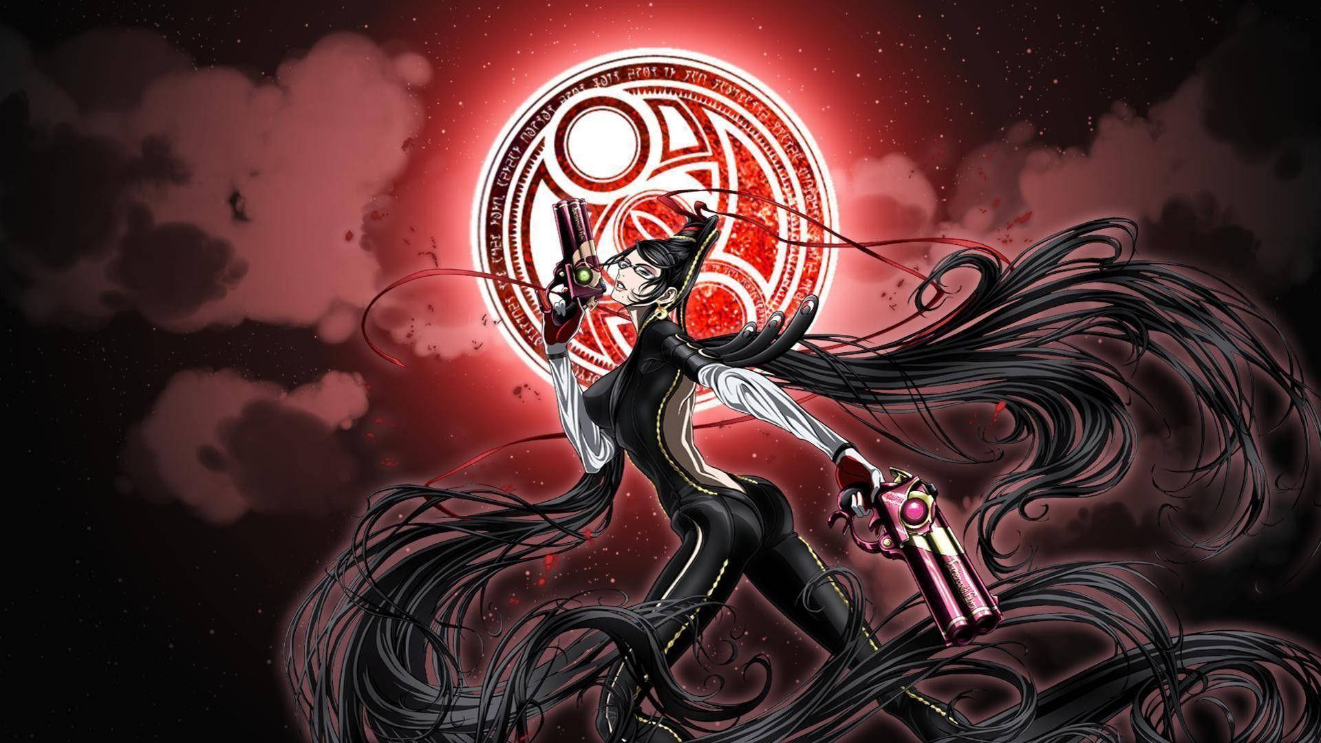 Bayonetta 紅月 壁紙 — 一個黑髮動漫女孩穿著黑色服裝，在暴風雨的天空中揮舞著兩把手槍，對抗一個發光的紅色神秘圓圈。