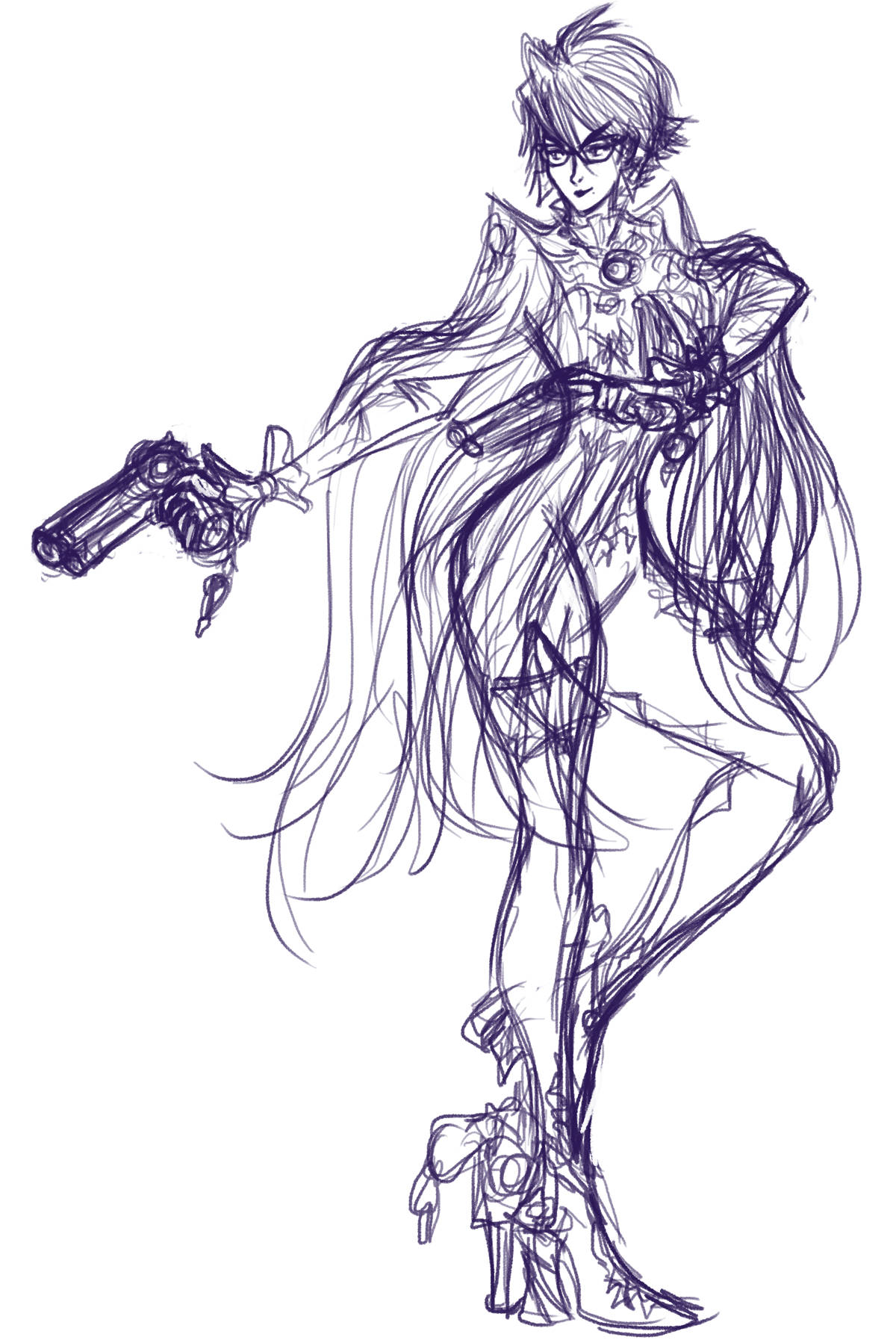 Bayonetta 素描藝術 壁紙 — 一個動態動漫風格草圖，角色身穿飄逸外套，手持手槍，帶有充滿活力的墨水線條。