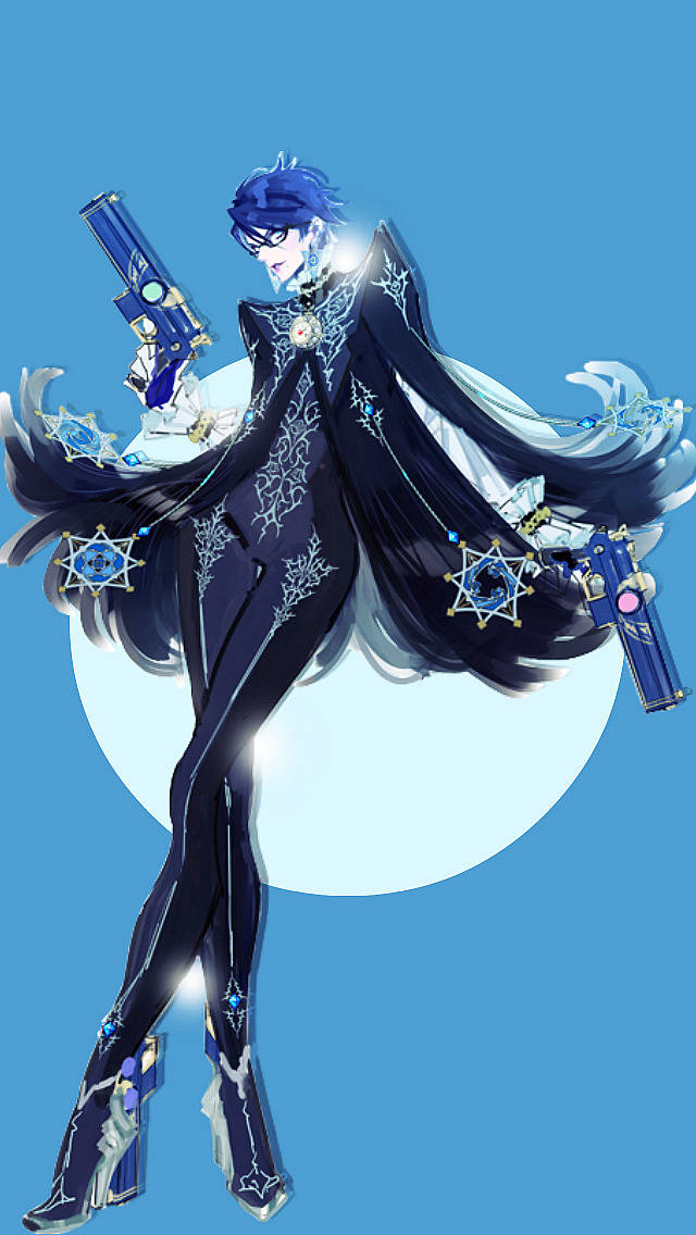 Bayonetta 藍色主題 壁紙 — 一個風格化的動漫角色，藍色頭髮和星星主題的槍支，站在明亮的藍色背景前，背景中有一個發光的月亮。
