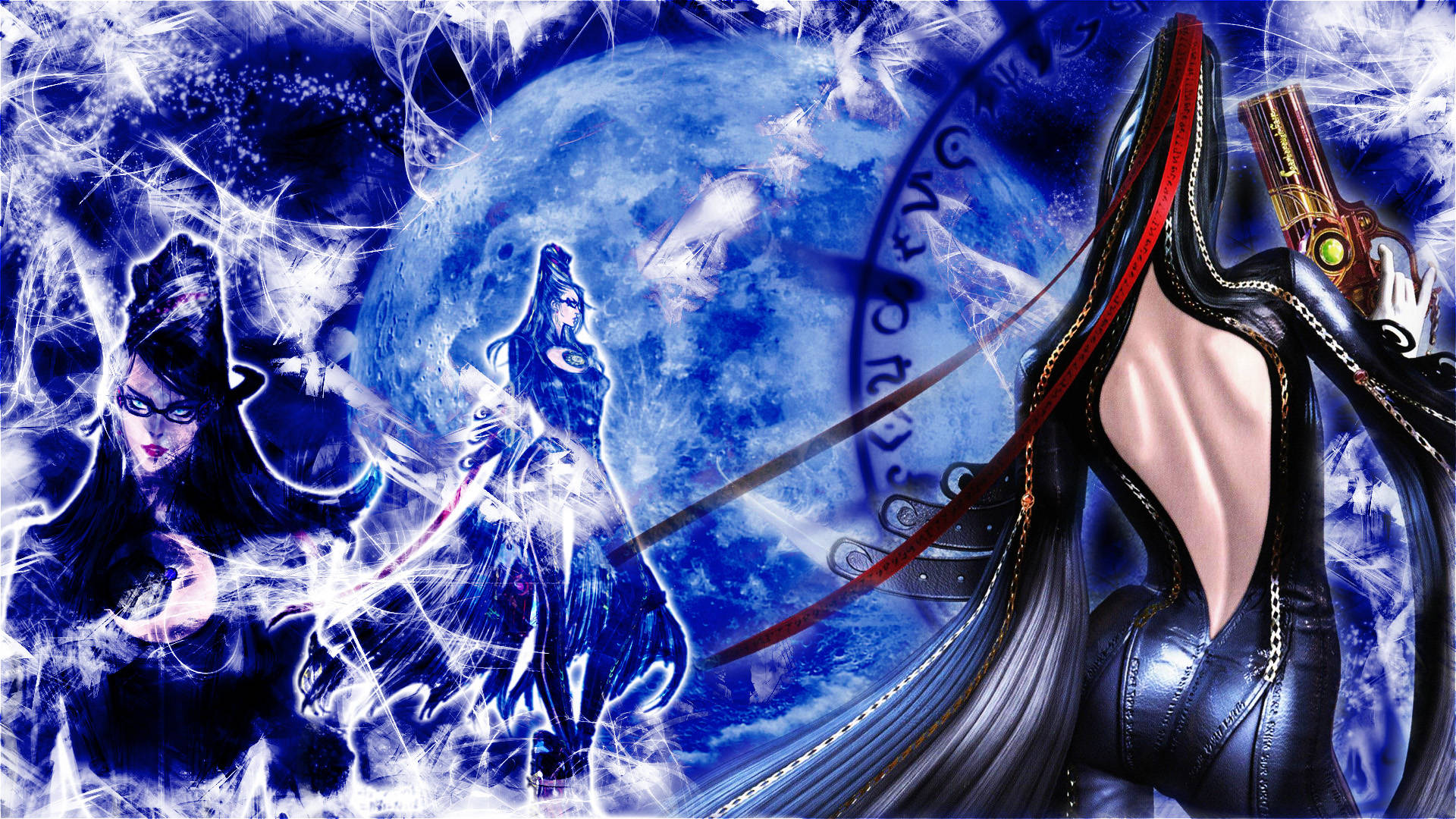 Bayonetta 藍色元素 壁紙 — 一個神秘的動漫場景，三位女戰士在宇宙藍色月亮背景下揮舞著發光武器。