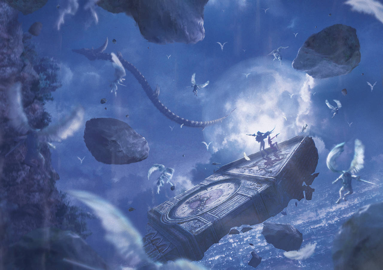 Bayonetta 鐘樓毀滅 壁紙 — 一座漂浮的古老鐘樓，在超現實的藍天中，有翼的人物和一條長蛇般的生物在漂浮的岩石周圍翱翔。