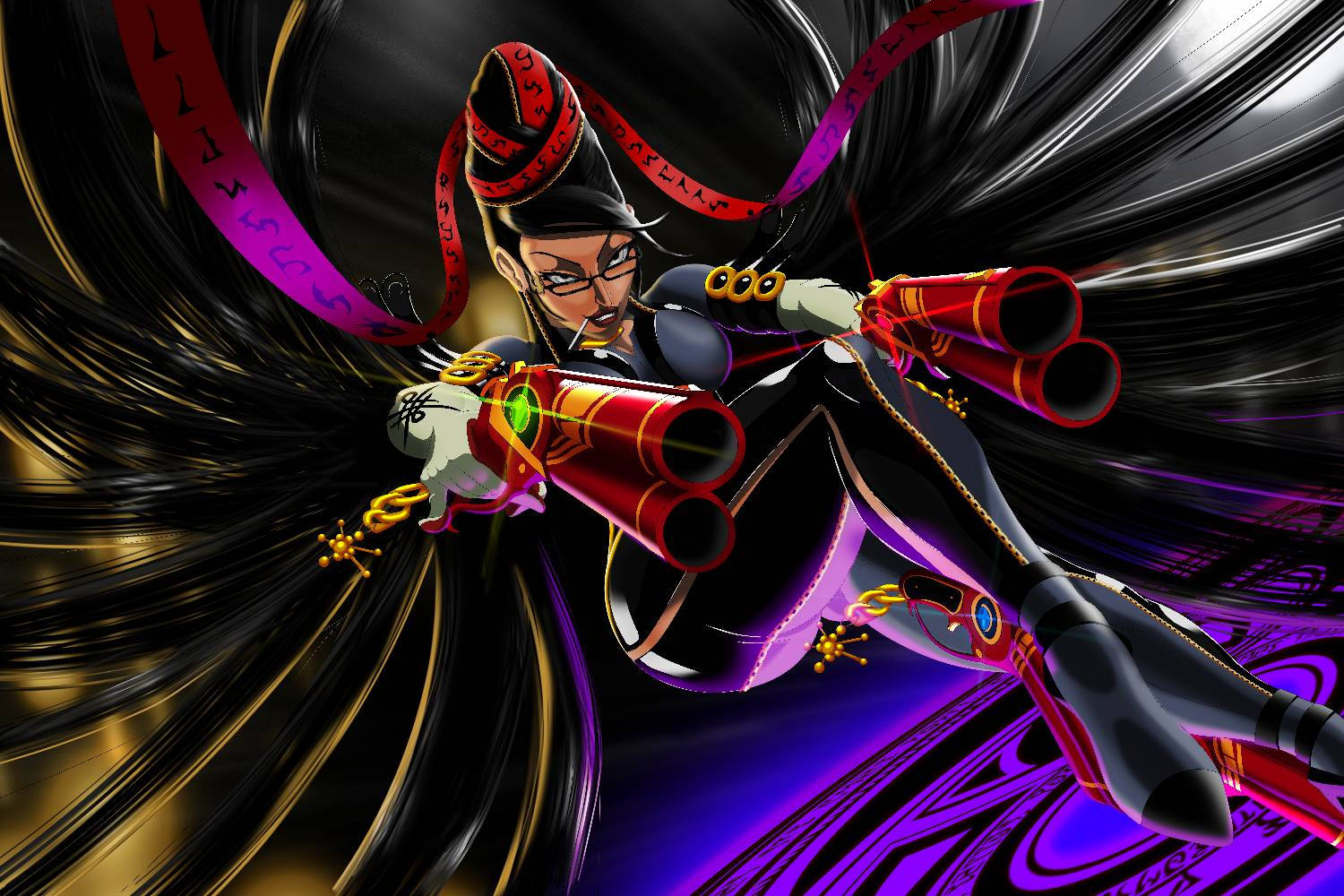 Bayonetta 雙槍對鏡 壁紙 — 一個充滿動感的動漫角色，長長的黑髮和紅色絲帶，揮舞雙砲，背景是旋轉的黑色和金色。