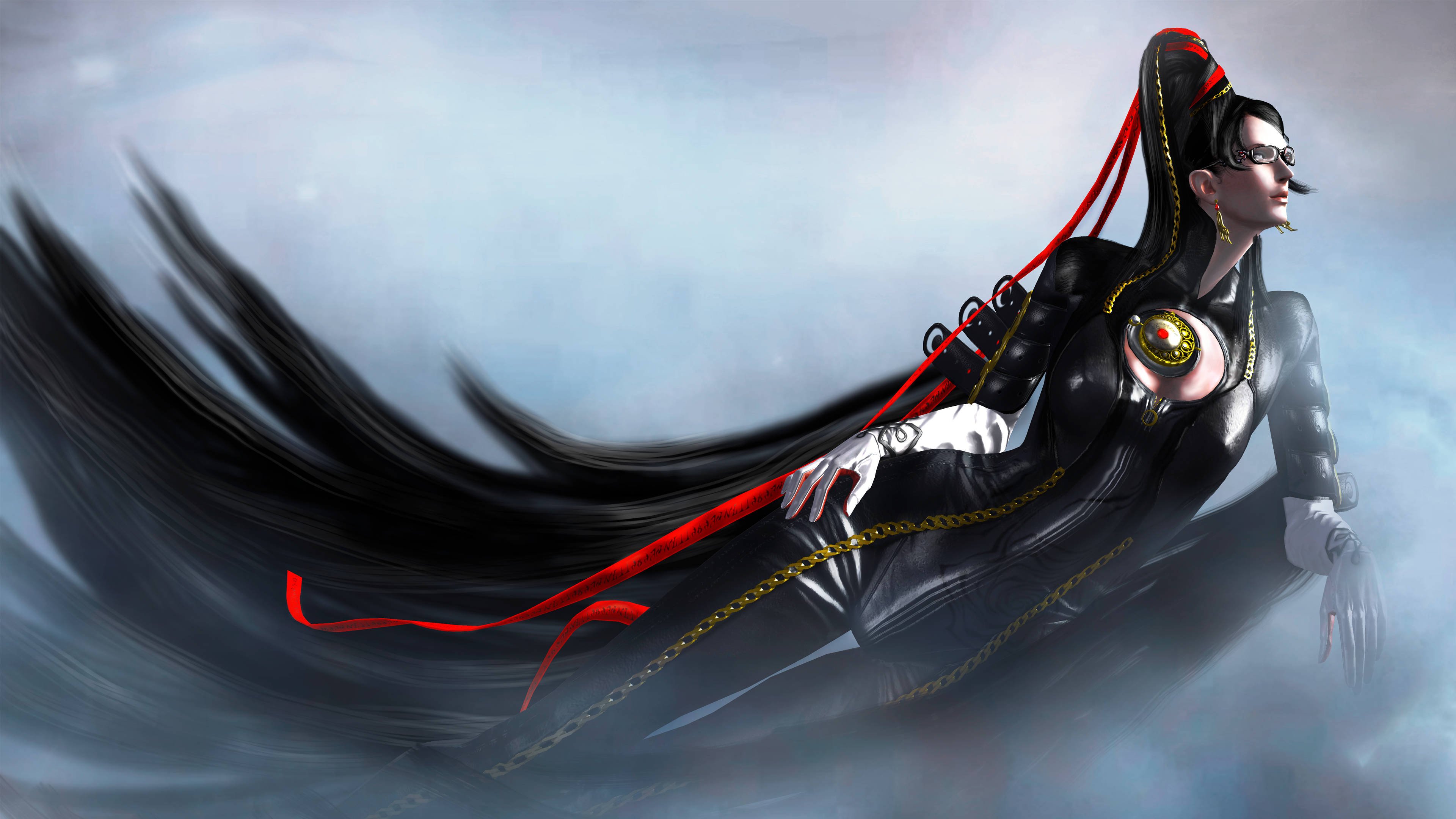 Bayonetta 霧中身影 壁紙 — 一位身穿黑色服裝、長髮飄逸、繫著紅色絲帶的動漫女性，在迷霧雲層中滑行。