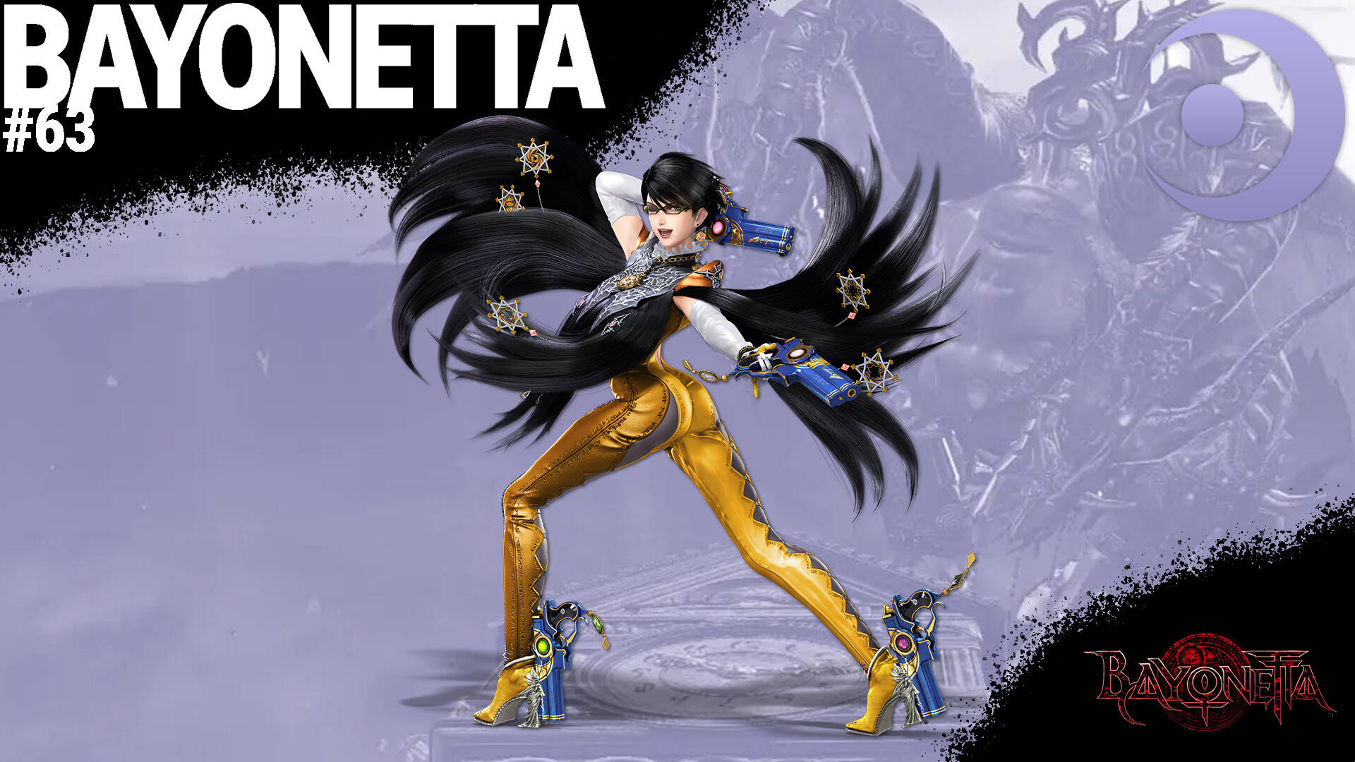 Bayonetta 黃色褲裝 壁紙 — Bayonetta 以金色服裝和飄逸黑髮在神秘紫色背景下擺出動感姿勢。