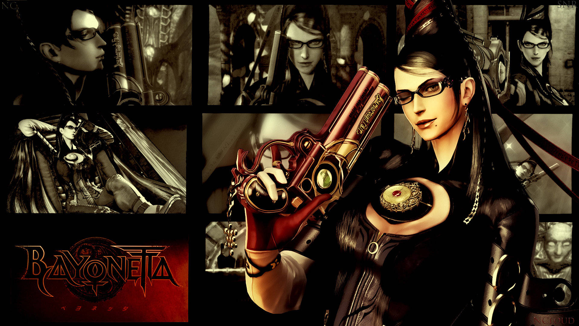 Bayonetta 黑色拼貼 壁紙 — Bayonetta 在動作姿勢中揮舞著華麗槍支的拼貼畫，背景為黑暗哥德式。