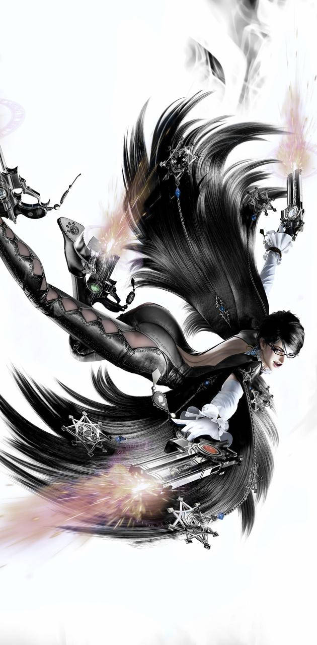 Bayonetta 黑色羽翼 壁紙 — 一個動態的動漫風格女刺客，長長的黑髮和眼鏡，在純白背景下雙槍射擊。