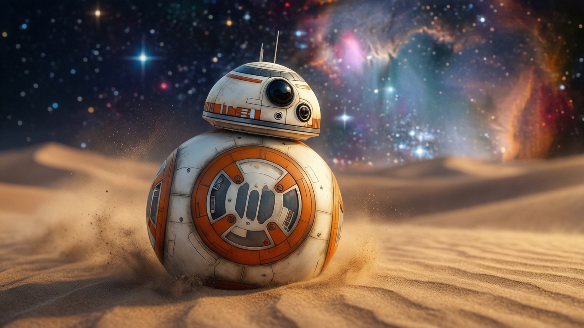 BB-8機械人在沙漠沙地上滾動，下方是彩色星雲星空