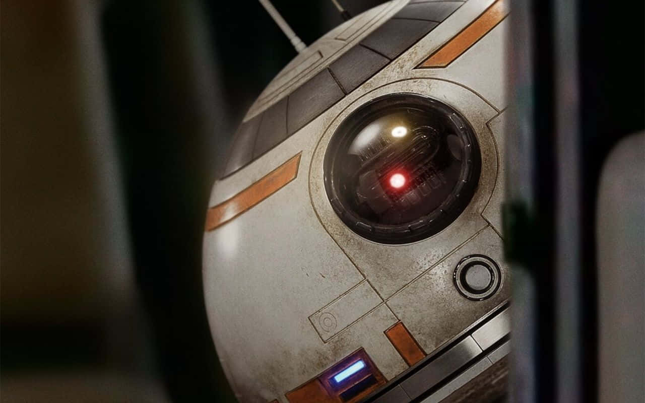 Cool Star Wars 桌布 壁紙 — BB-8 機械人頭部特寫，在昏暗燈光下帶有發光的紅色眼睛和磨損的白色橙色面板。