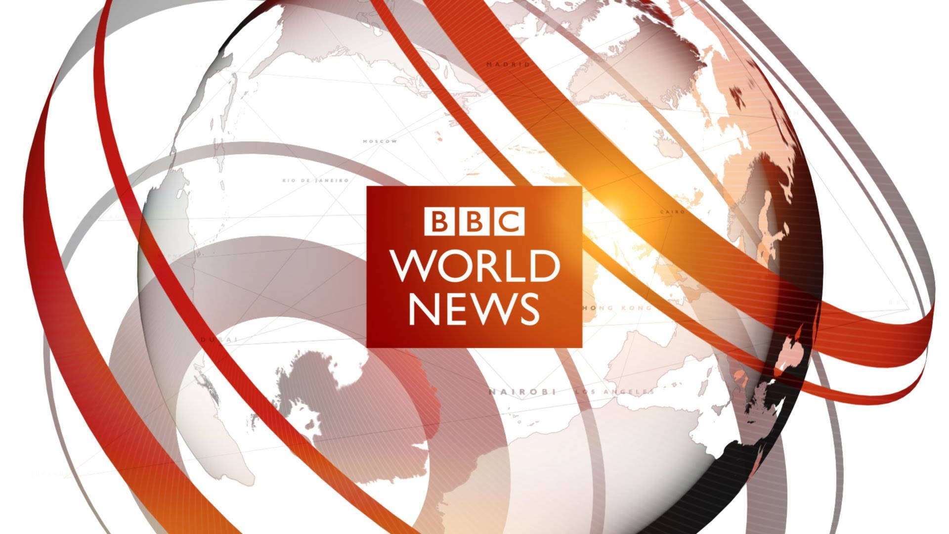 BBC World News 標誌，帶有地球儀和旋轉的紅橙色絲帶。