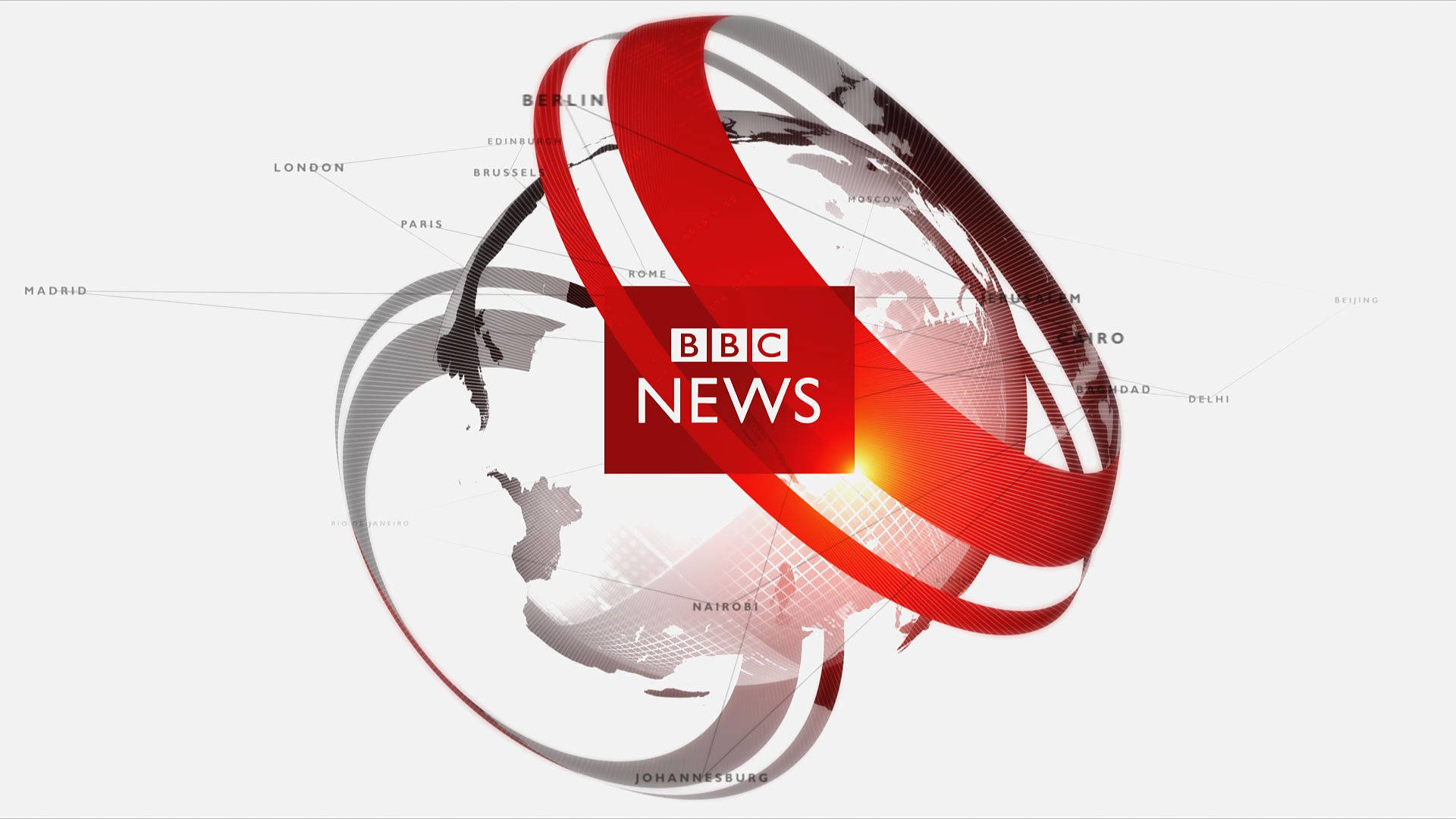 BBC News 標誌，紅色絲帶圍繞著一個顯示主要城市的地球儀。