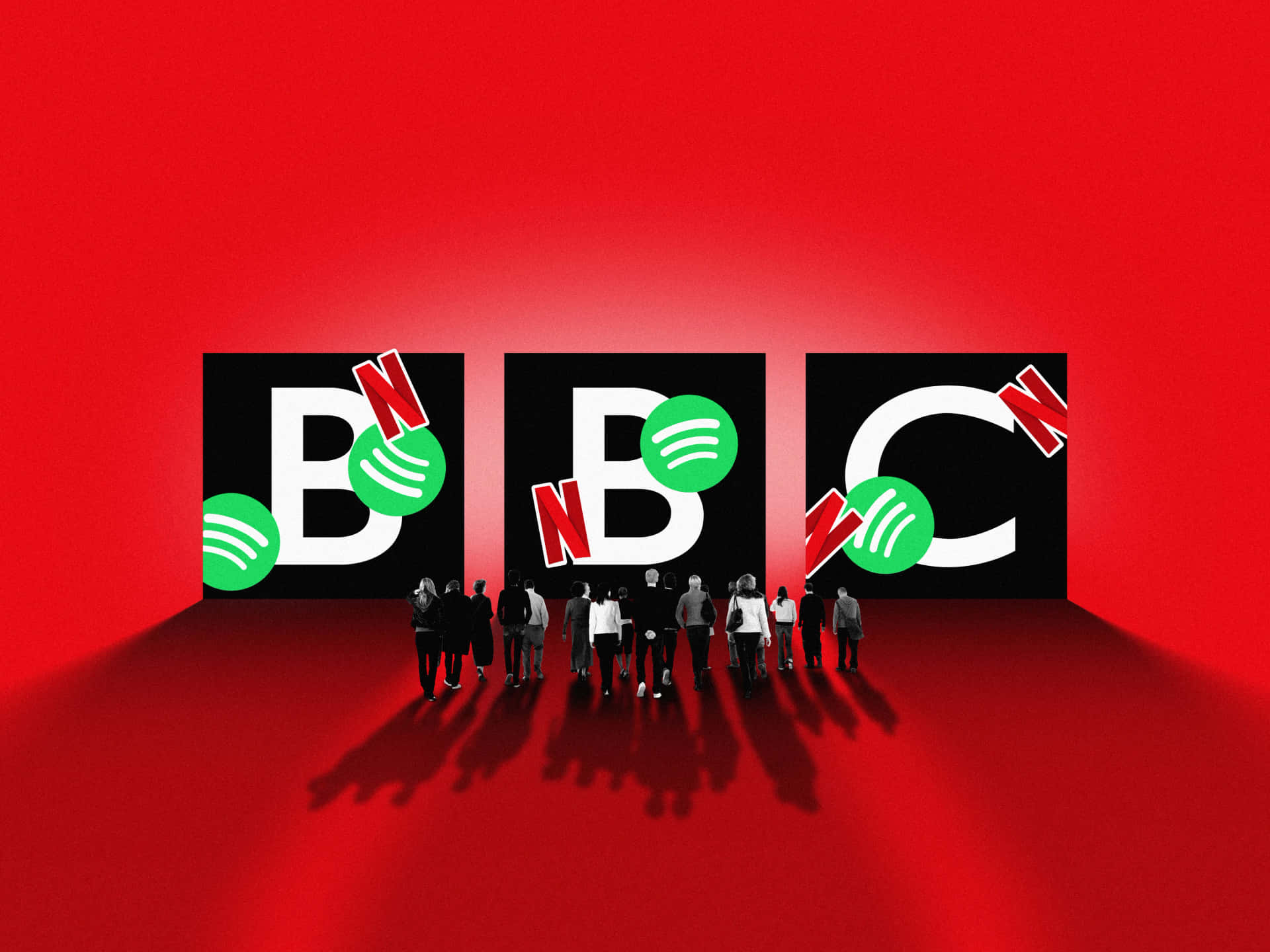 人們走向紅色牆壁上覆蓋著Spotify和Netflix標誌的BBC標誌。