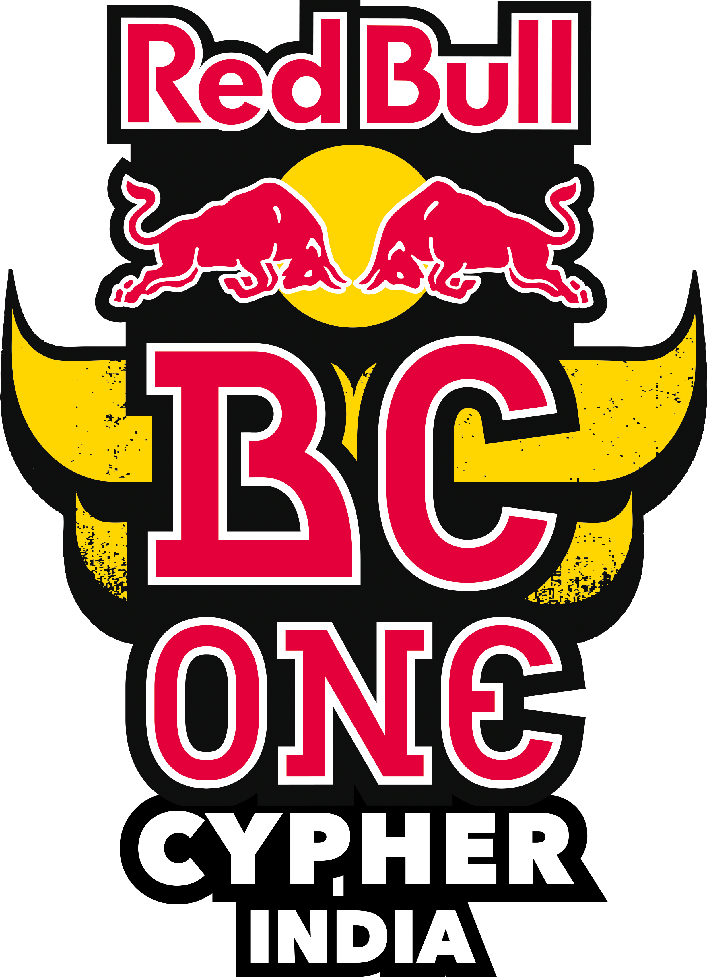 紅牛街舞BC One印度賽事標誌 壁紙 — 大膽的紅黃色Red Bull BC One Cypher India標誌，帶有衝鋒的公牛和風格化文字。