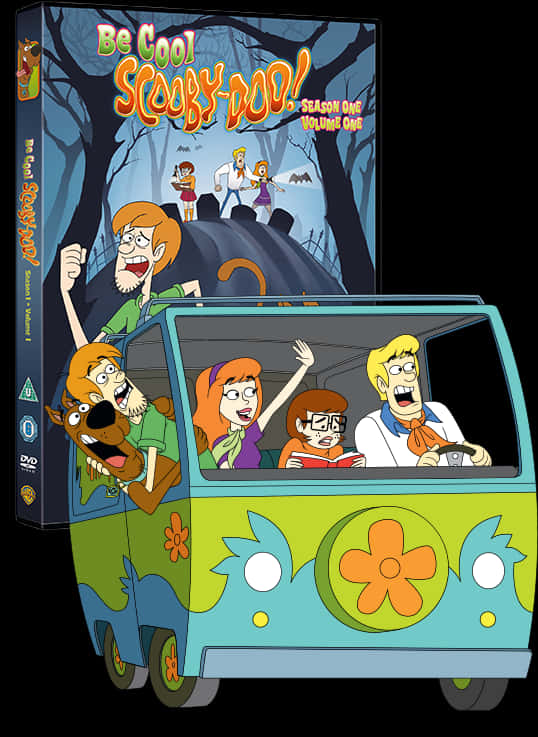 《Be Cool, Scooby-Doo!》第一季第一集DVD封面 壁紙 — 史酷比幫派在他們標誌性的迷幻麵包車裡，對著陰森的森林背景歡快地大笑。