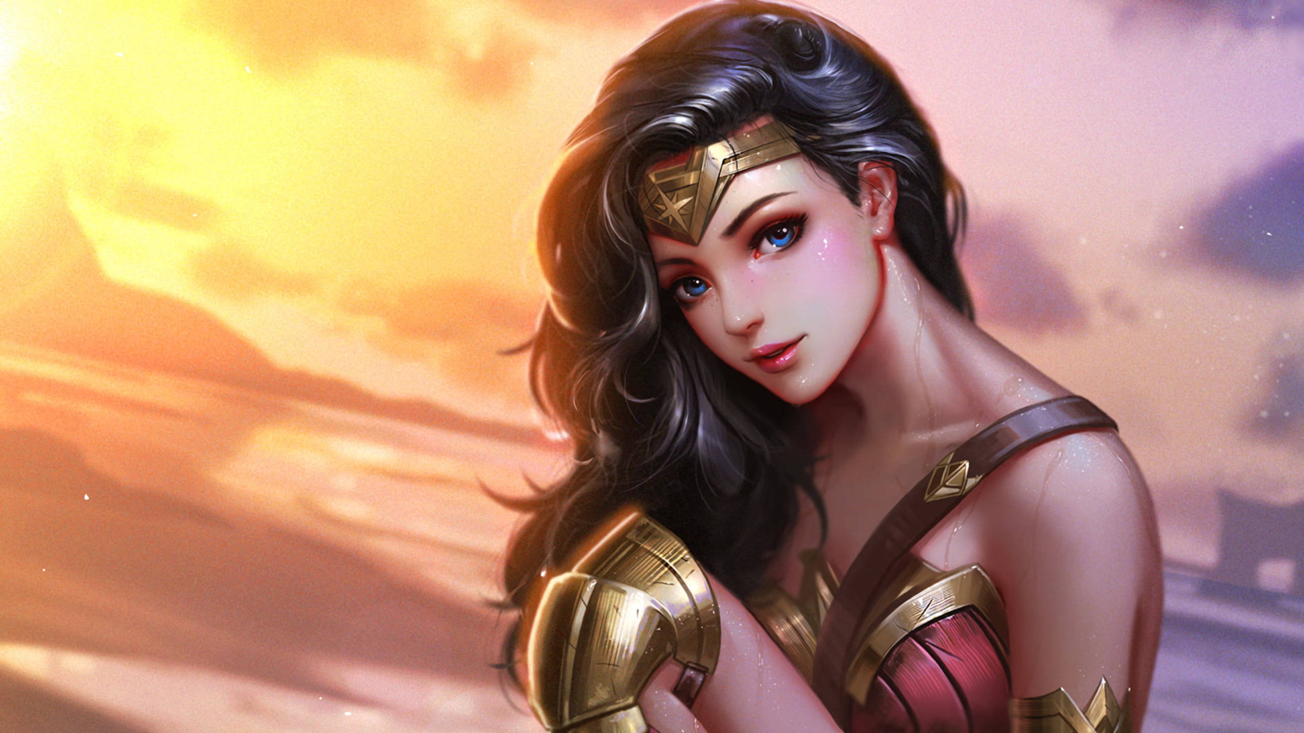Be inspired by the strength and courage of Wonder Woman 壁紙 — 神奇女俠自信地穿著金色盔甲，背景是帶有柔和雲彩的發光日落天空。