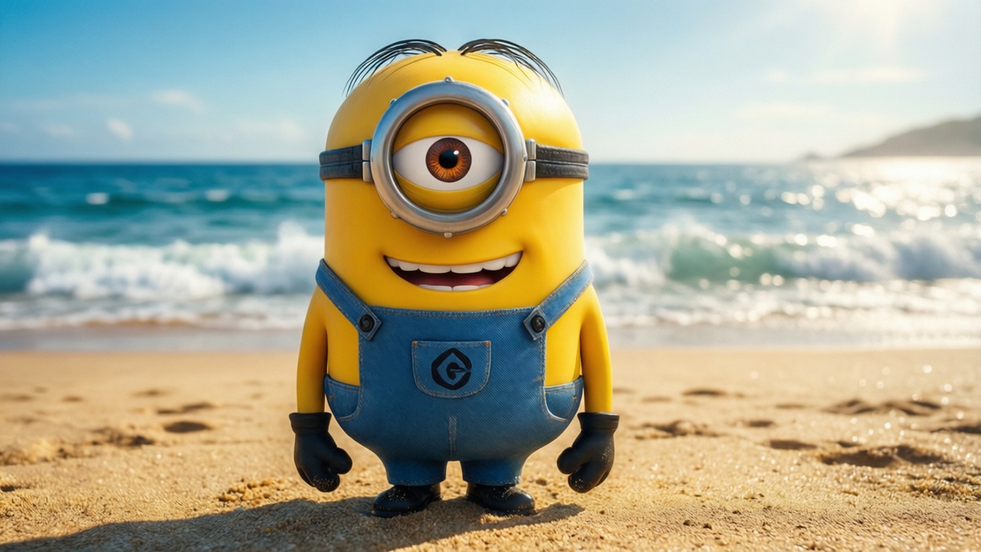 一個黃色卡通Minion在陽光明媚的海灘上微笑，背後有海浪。