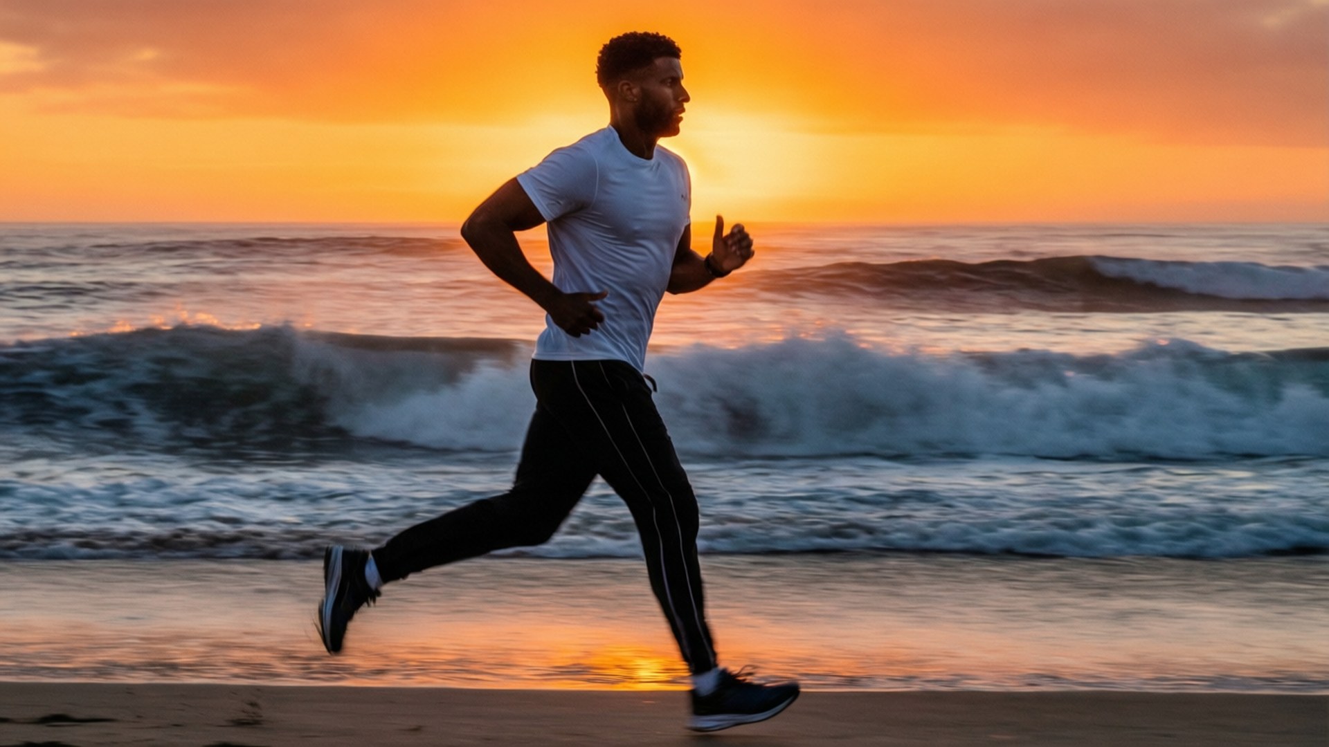Beach Run Sunrise 壁紙 — 一名男子在日落時沿著海灘奔跑，身後有海浪拍打，天空呈現橙色。