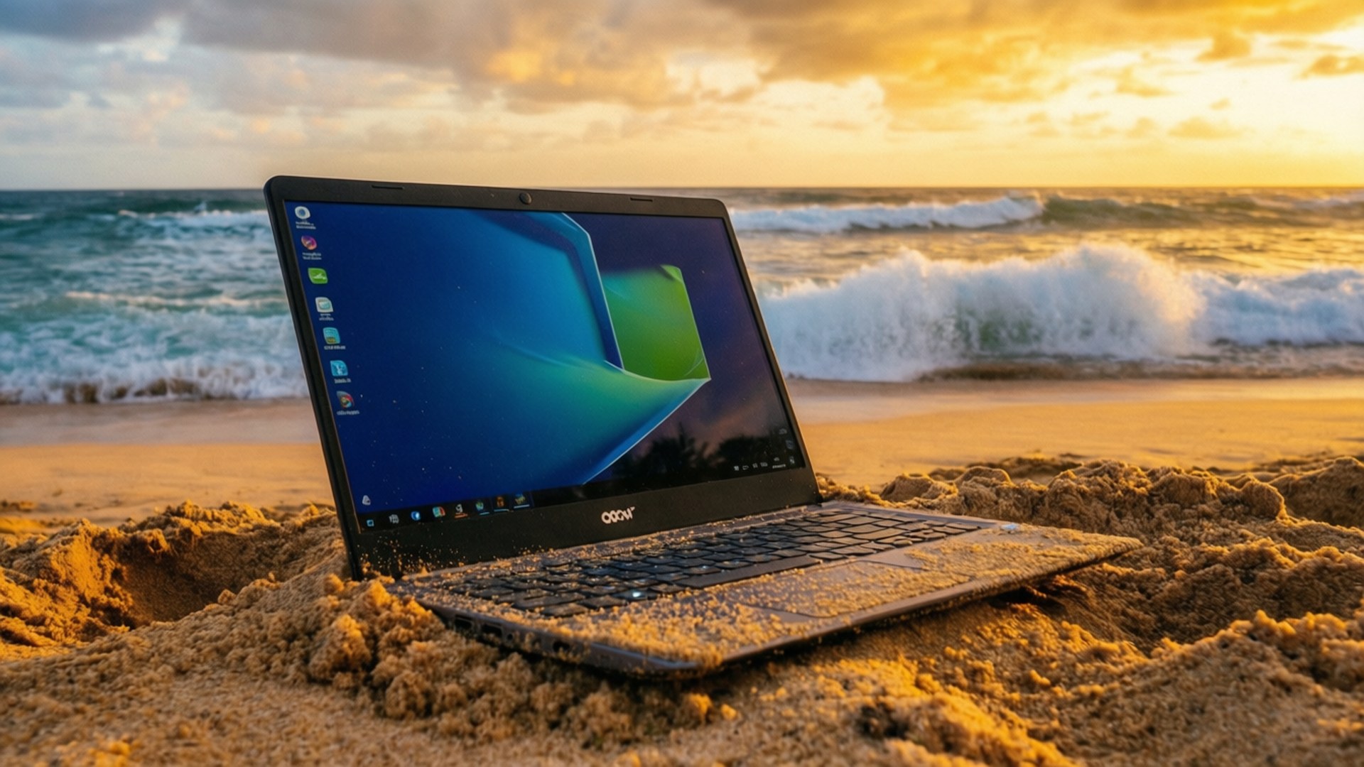 沙灘上的Acer手提電腦，背景有海浪和日落
