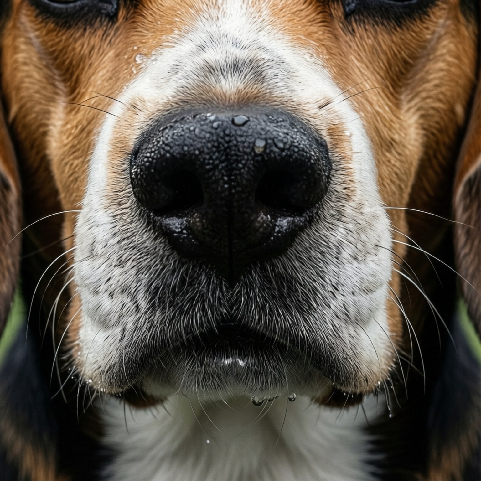 潮濕嘅巴吉度獵犬鼻，水滴喺毛同鬍鬚上