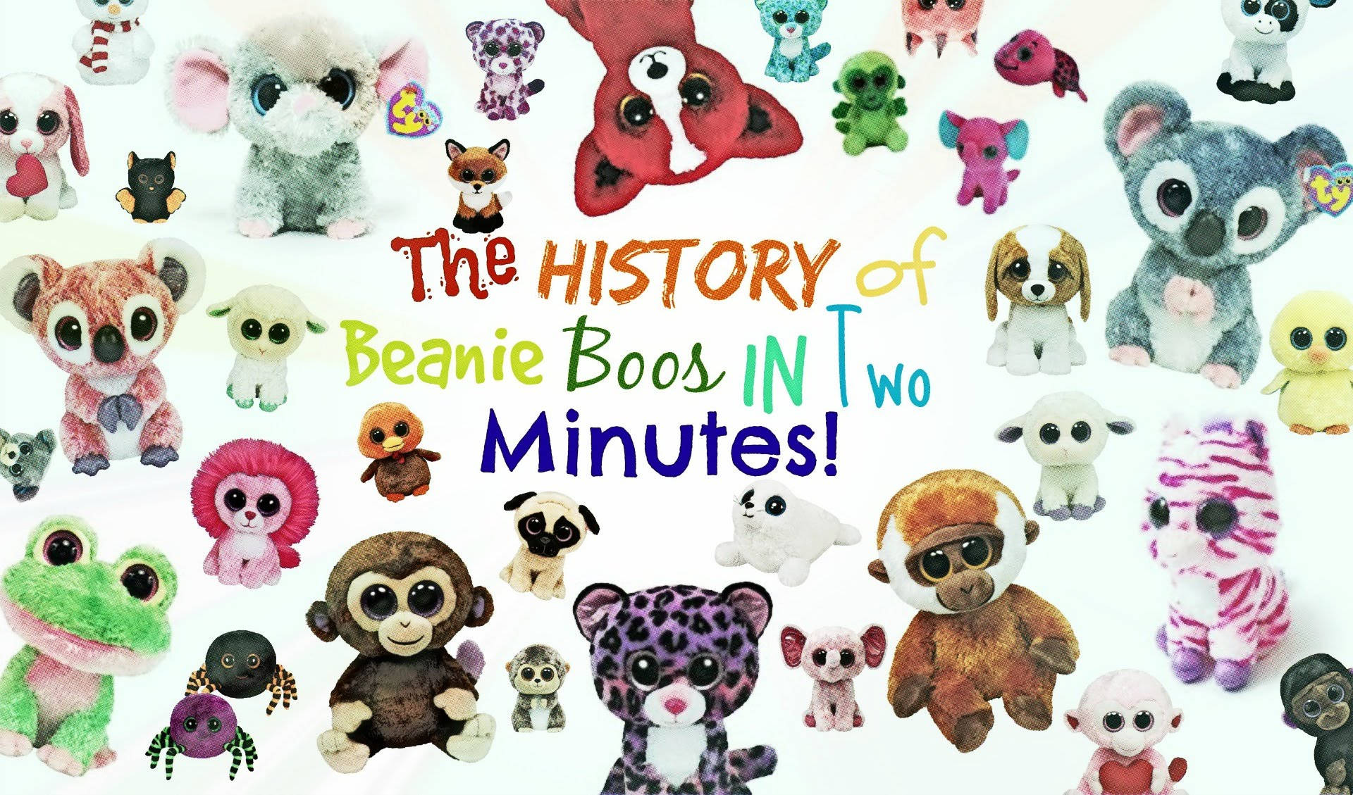 Beanie Boos 廣告橫幅 壁紙 — 色彩繽紛的拼貼畫，由各種Beanie Boo毛絨玩具圍繞粗體文字「The HISTORY of Beanie Boos IN Two Minutes!」排列而成