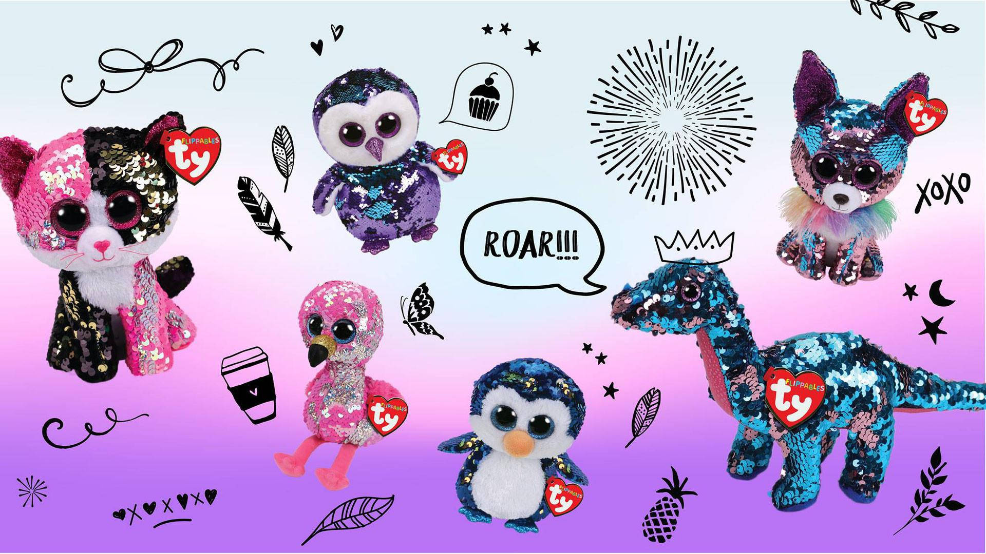 Beanie Boos 數位藝術 壁紙 — 閃亮的 Ty Beanie Boo 毛絨玩具，粉紅、紫色和藍色，帶有塗鴉點綴，背景為漸變色。