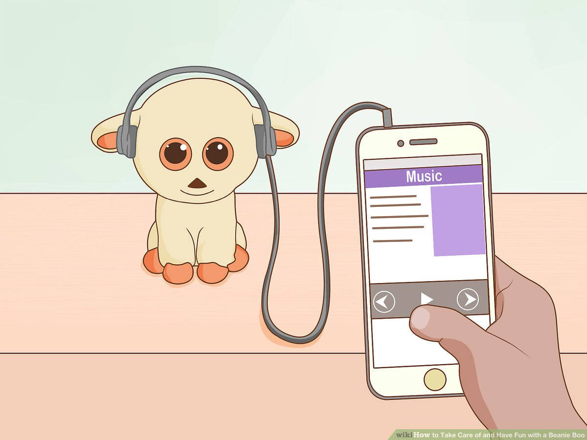 Beanie Boos幽默數位插畫 壁紙 — 一個可愛的卡通 Beanie Boo 戴著耳機，從人類手持的智能手機聽音樂。