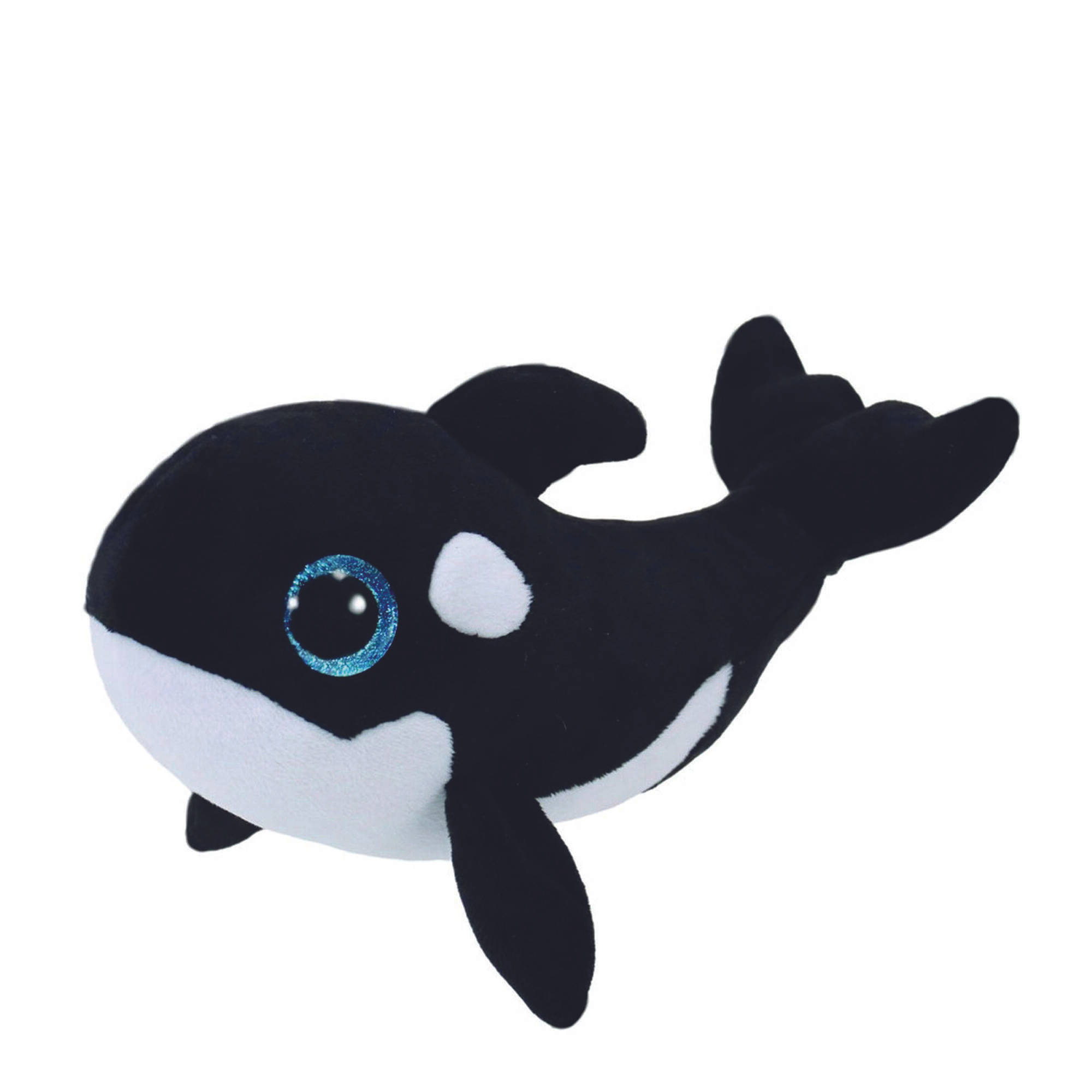 Beanie Boos鯨魚 壁紙 — 一個柔軟的黑白殺人鯨毛絨玩具，帶有閃閃發光的藍色眼睛，躺在純白色背景上。