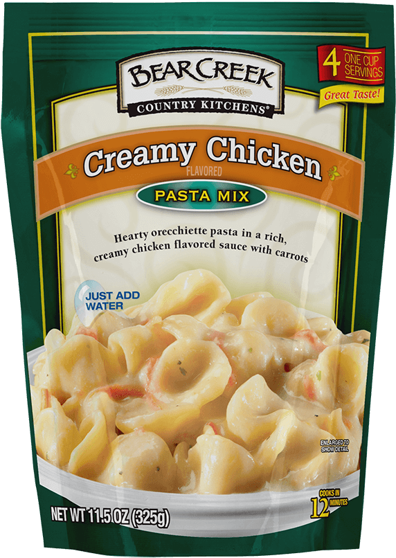 Bear Creek 奶油雞味義大利麵調味包 壁紙 — Bear Creek Country Kitchens 奶油雞肉意粉混合包裝的特寫，顯示煮熟的貓耳朵意粉在奶油醬汁中搭配胡蘿蔔。