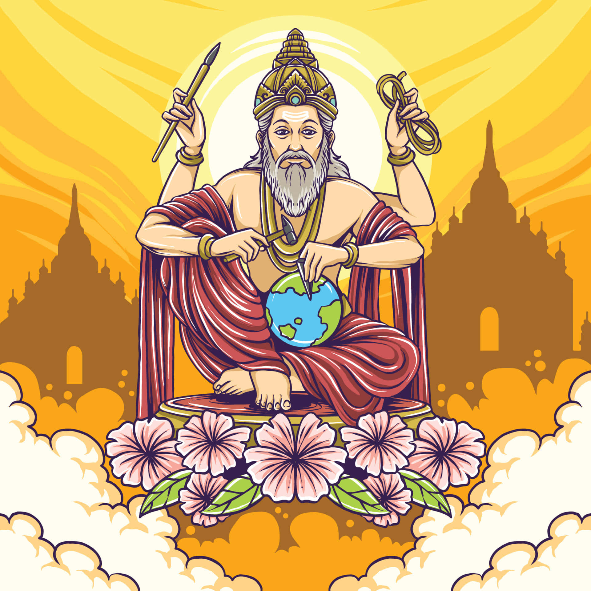  壁紙 — 一位鬍鬚神祇身穿紅袍坐在雲端，手持地球儀和工具，背後是光芒四射的黃色太陽和寺廟剪影。