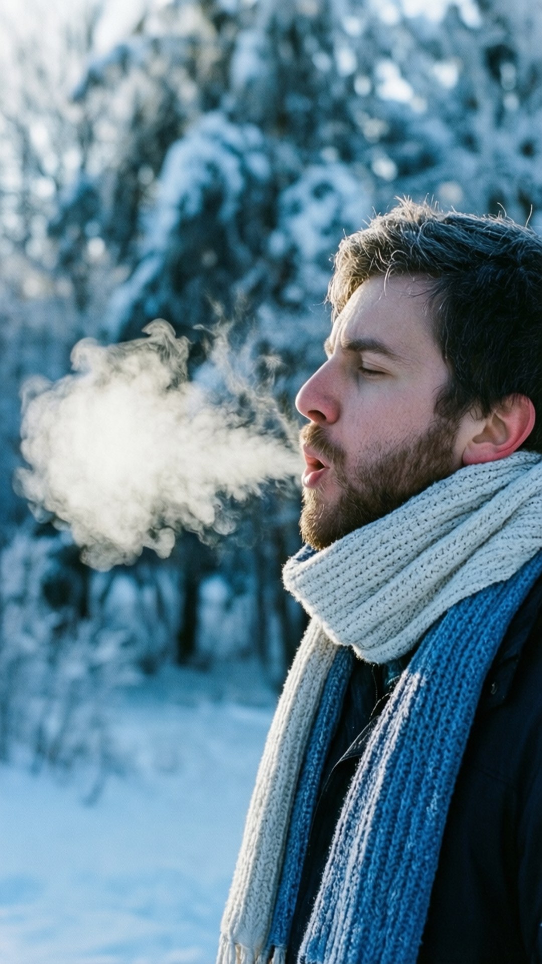 呼吸 桌布 壁紙 — 一個留鬍子的男人在明亮的冬日陽光下，在雪地森林中呼出可見的氣息。