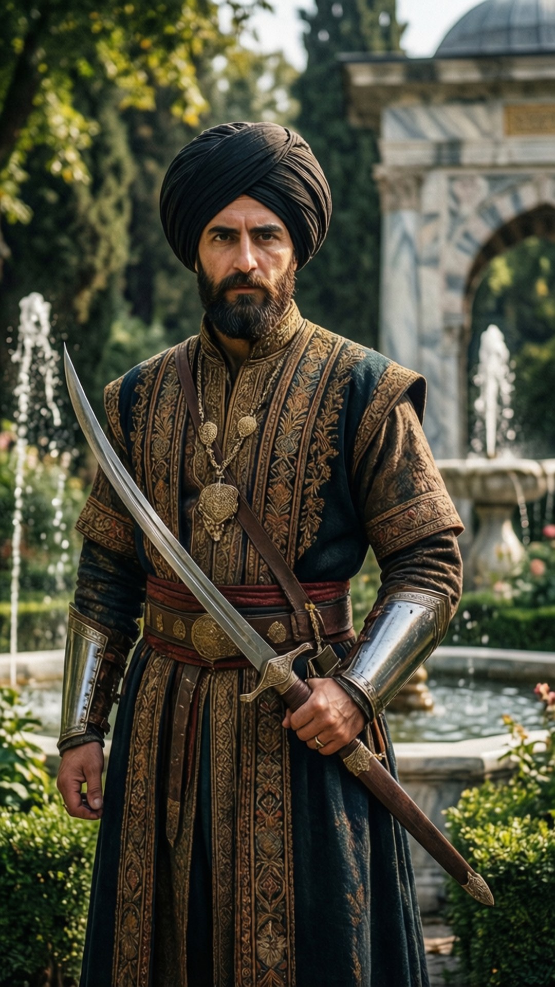 Ottoman Warrior Portrait 壁紙 — 一位留鬍鬚的男子身穿華麗的歷史盔甲和頭巾，在陽光普照的花園中手持彎刀，花園內有噴泉和石拱門。