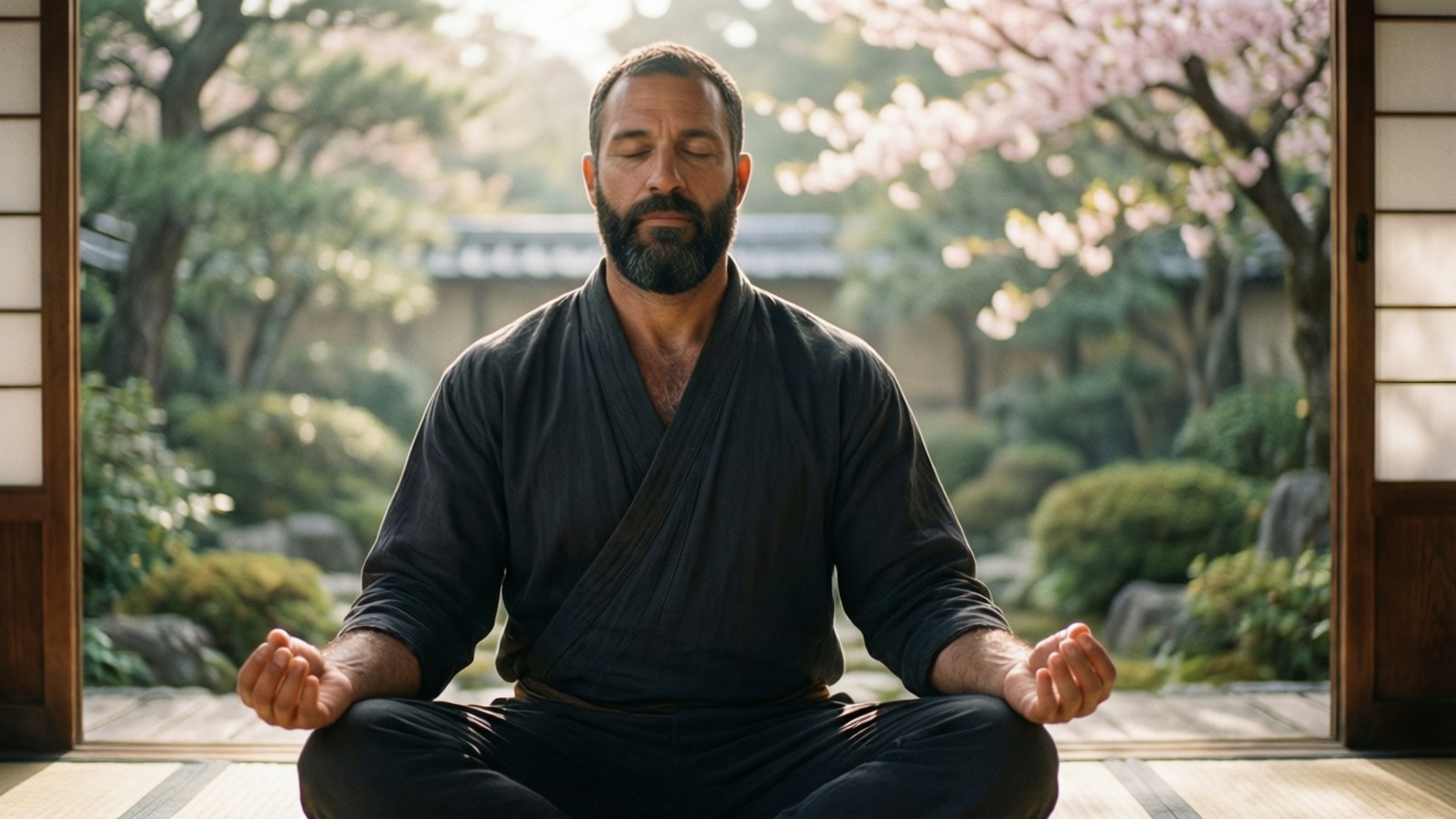 Inner Peace 壁紙 — 一位留鬍鬚的男子在傳統日式房間內平靜地冥想，透過障子門可以看到櫻花和綠植。