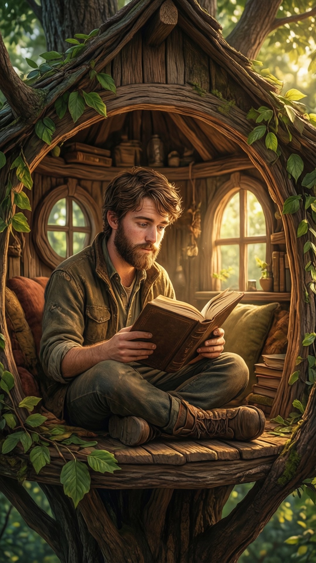 男人在樹屋裏看書，周圍綠意盎然。