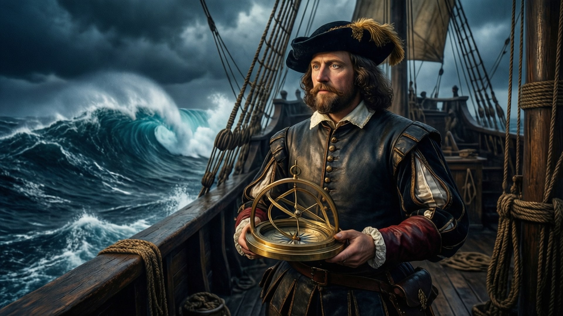 Jacques Cartier 桌布 壁紙 — 一位留鬍子的海盜船長穿著時代服裝，在風暴肆虐的船上，於洶湧波濤和烏雲中手持黃銅星盤。
