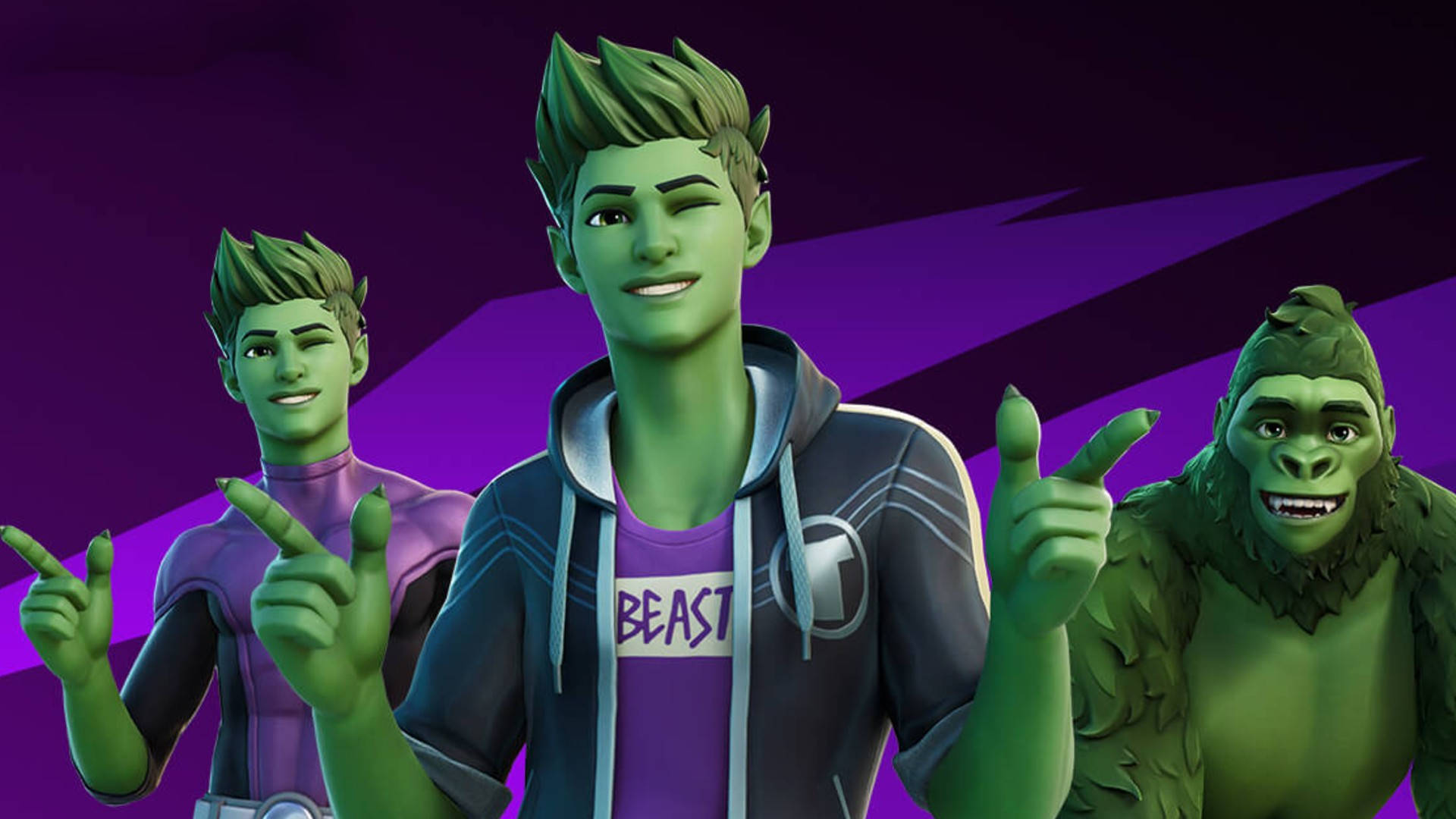 三個綠色皮膚、紫色服裝的Fortnite角色豎起大拇指擺姿勢。