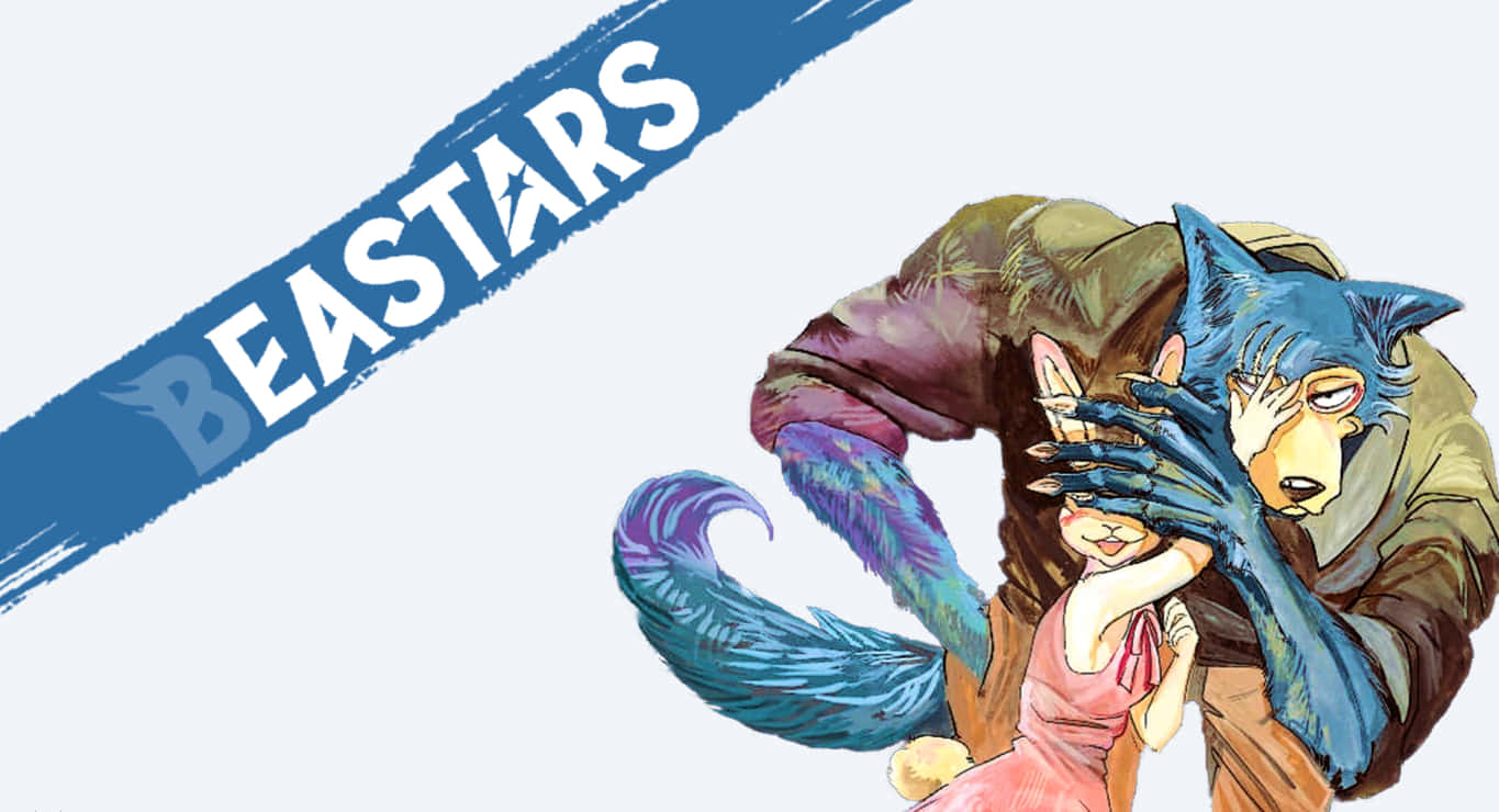 《Beastars》Legoshi與Haru並肩同行 壁紙 — 一隻藍色狼輕輕遮住一隻穿著粉紅色衣服的兔子的眼睛，在帶有 'BEASTARS' 文字的動畫插圖中。