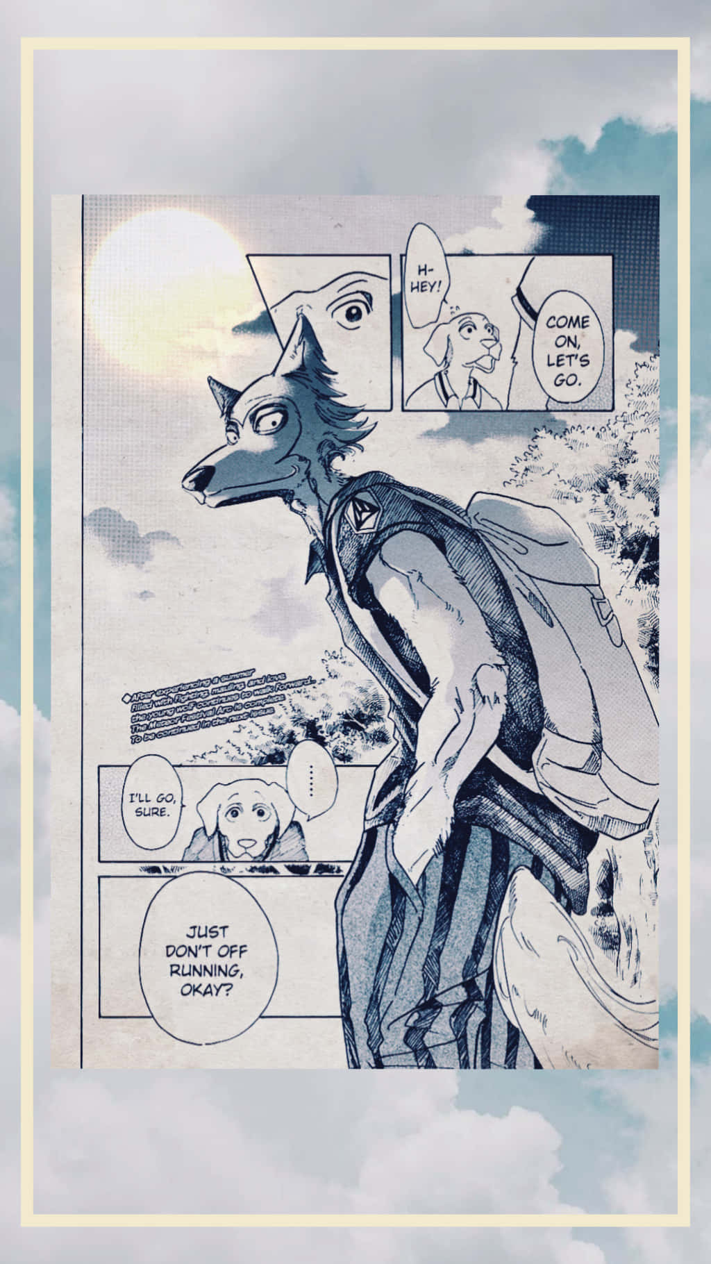 《Beastars》Legoshi 美學漫畫系列 壁紙 — 一個像狼的動漫角色背著背包，在漫畫格中催促狗同伴一起在明亮的太陽下奔跑。