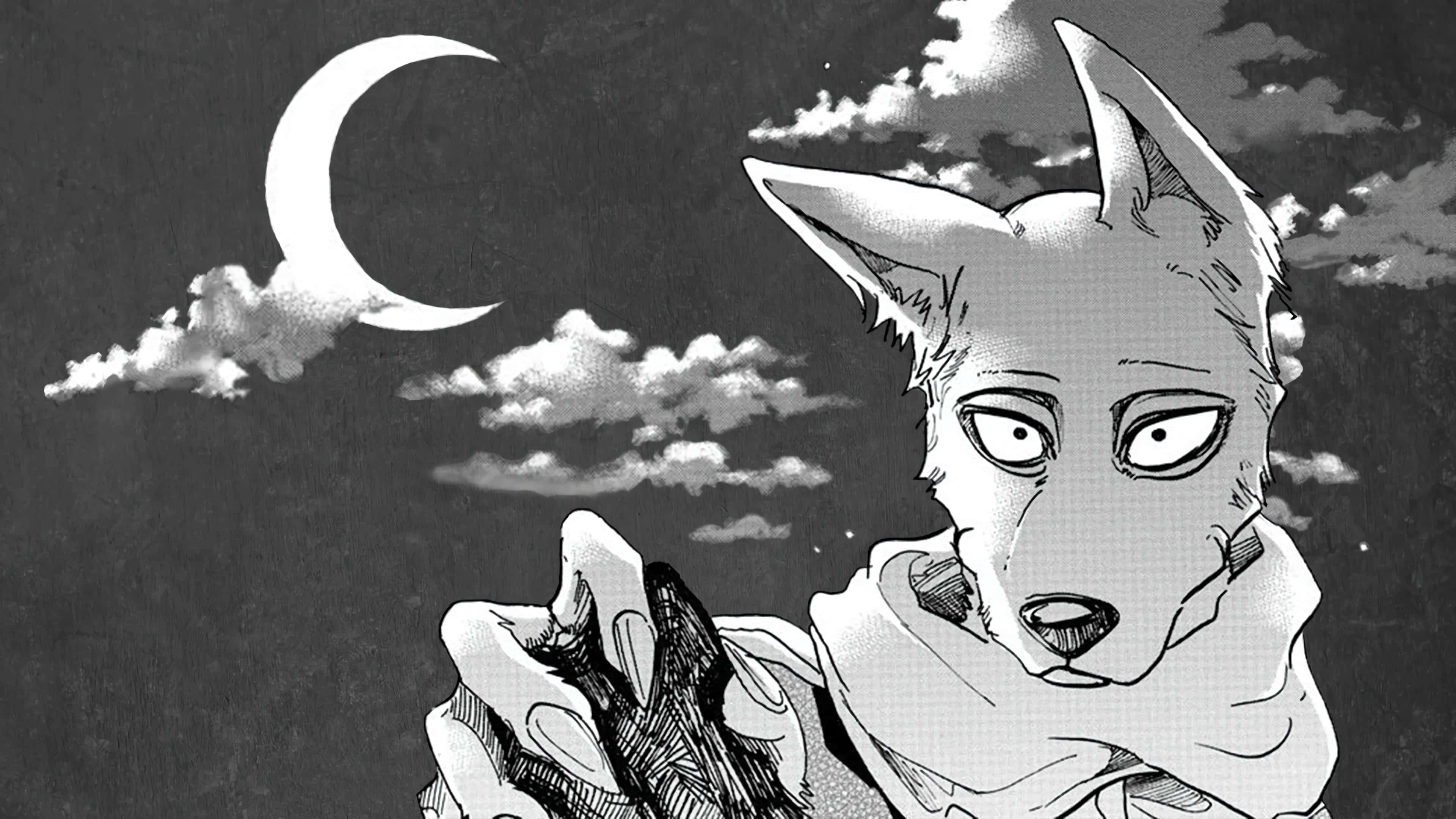 《Beastars》中不同種族動物的友誼 壁紙 — 一隻漫畫風格、擬人化的狐狸，眼睛很大，在彎月和雲朵下拿著武器。
