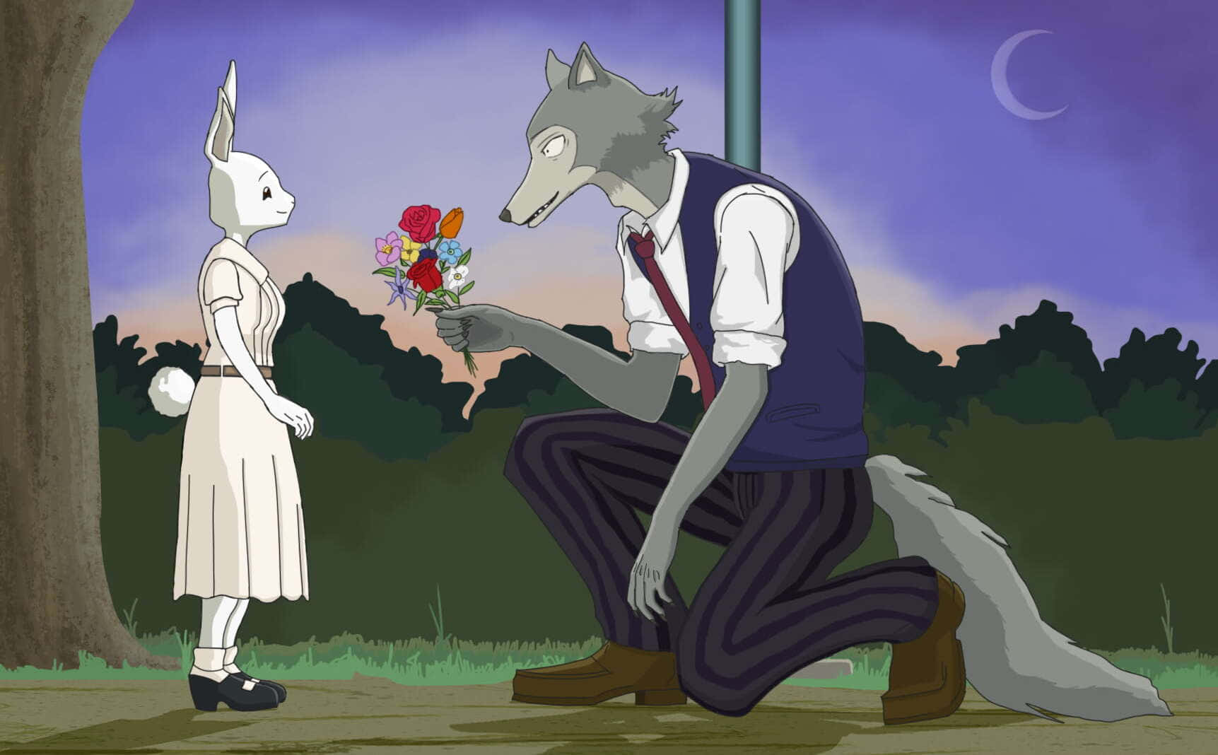《Beastars》中的Legoshi在聚光燈下與朋友圍繞 壁紙 — 一隻穿著背心的狼跪下來，在彎月下向兔女郎獻上色彩繽紛的花束。