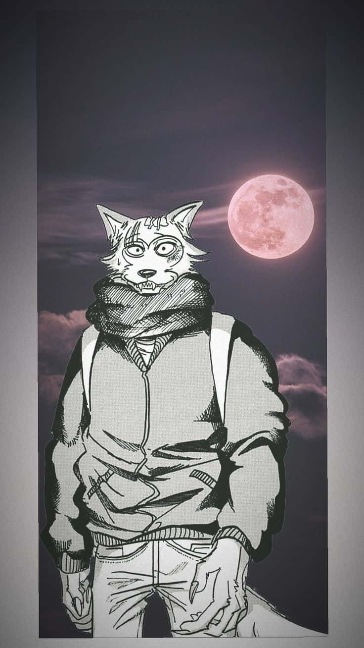 《Beastars》中的灰狼Legoshi 壁紙 — 一隻風格化的擬人化狼穿著連帽衫，站在黑暗多雲的天空下，發光的粉紅色月亮。