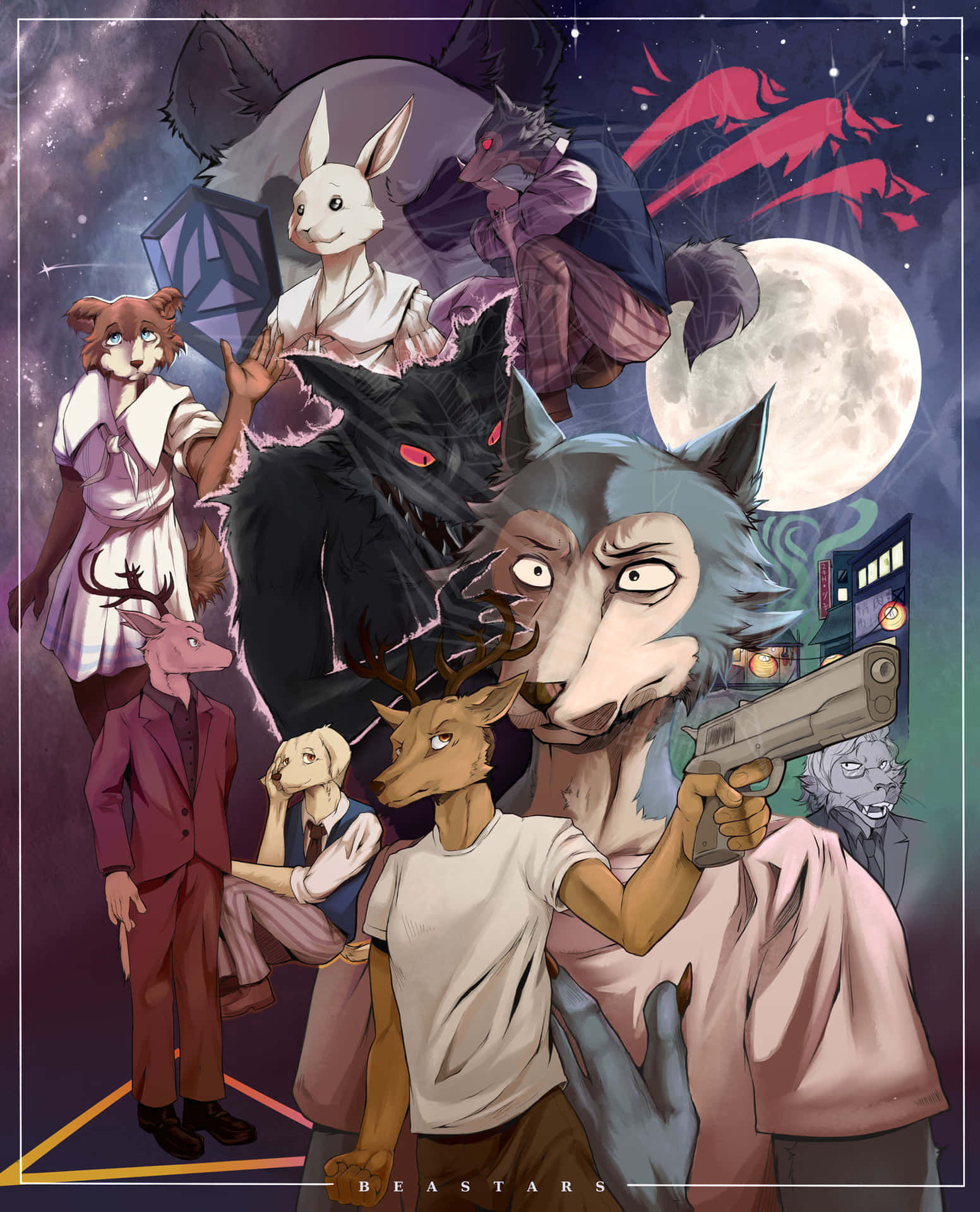 擬人化動物在滿月和宇宙背景下的夜城場景。