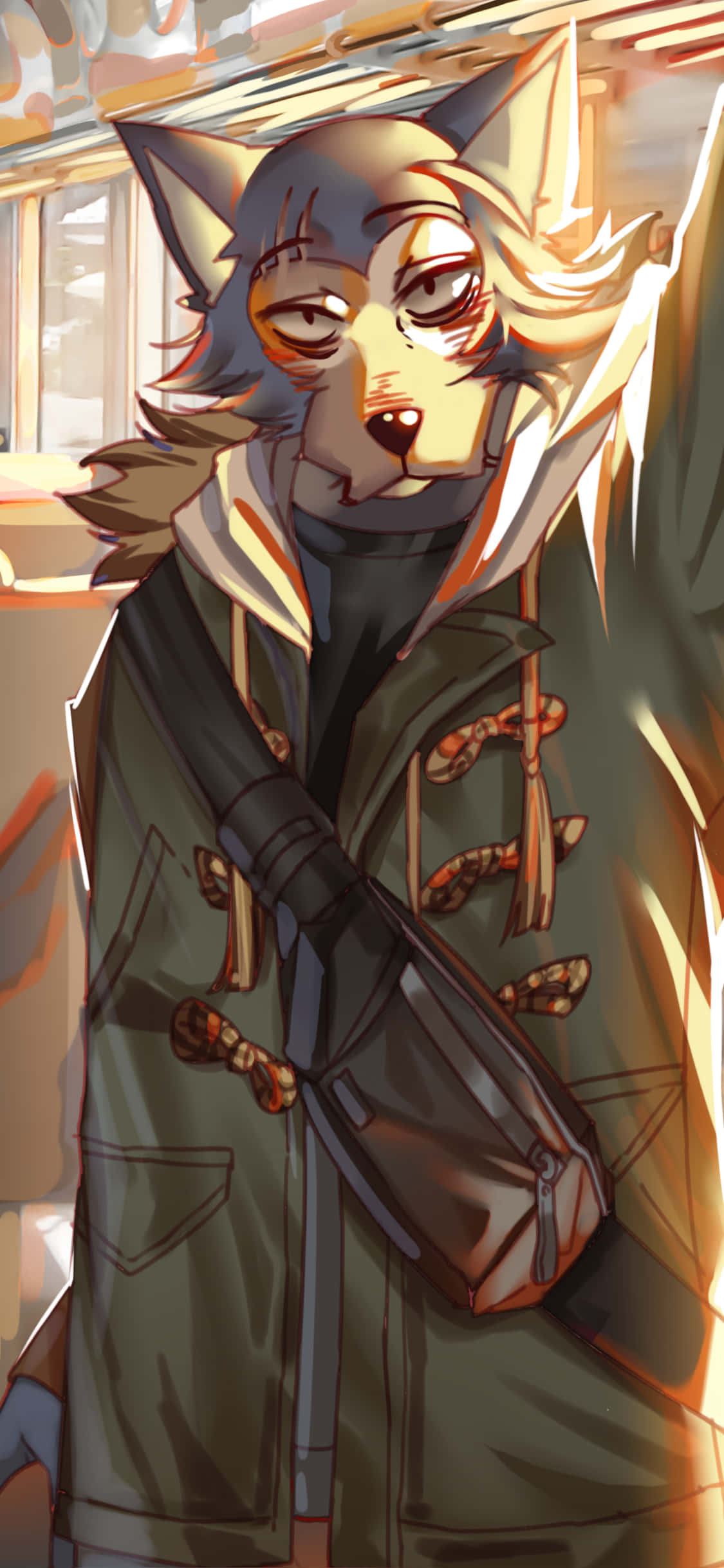 《Beastars》主角Legosi，堅定地挺立 壁紙 — 一隻疲憊的擬人化狼穿著綠色外套，站在溫暖的金色光線中，眼睛因疲勞而半閉。