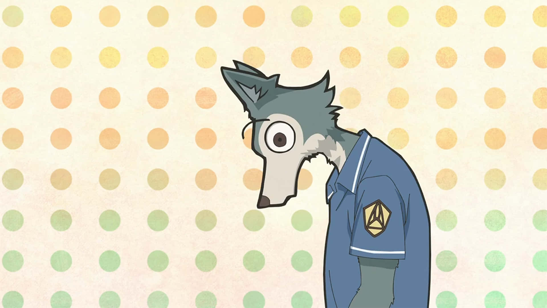 《Beastars》——勇敢活出自我 壁紙 — 一隻穿著藍色Polo衫的卡通狼站在粉彩圓點背景前，表情驚訝。