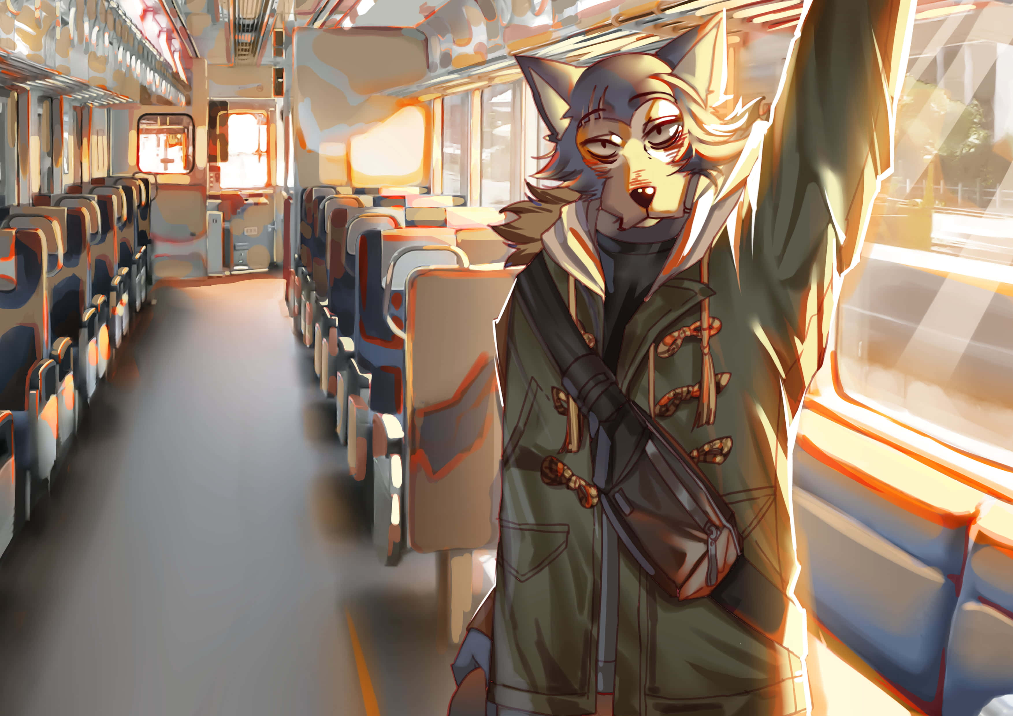 《Beastars》動畫系列角色 壁紙 — 一隻疲憊的擬人化狼穿著綠色外套，站在陽光普照的火車車廂內，抓著柱子，一排排座位延伸到遠方。