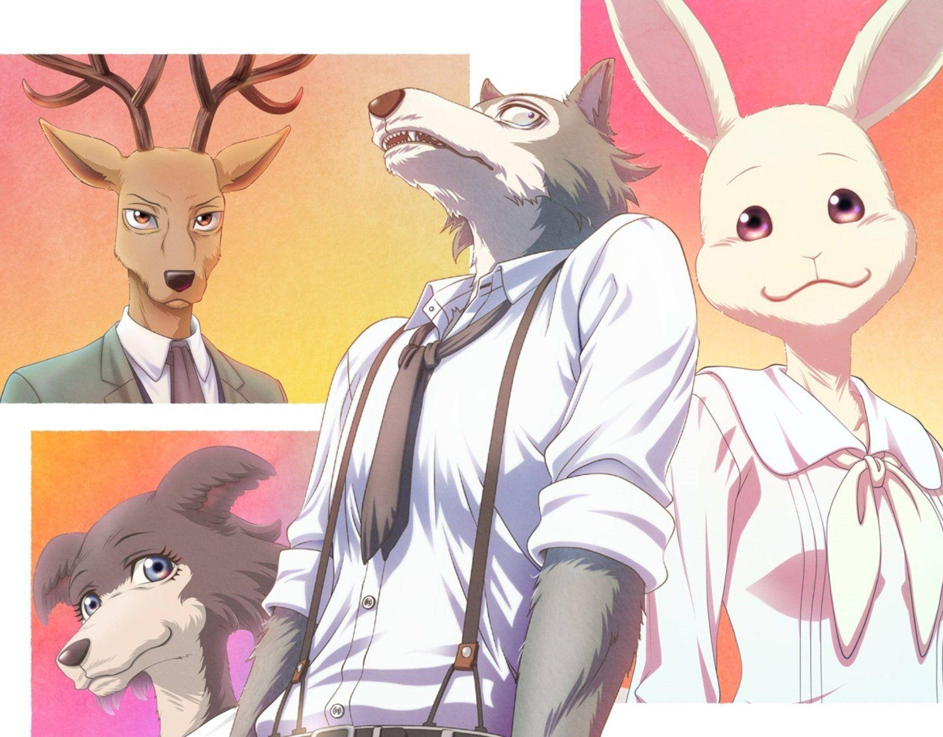 四隻擬人化動物穿著正式服裝，在柔和漸變背景前。