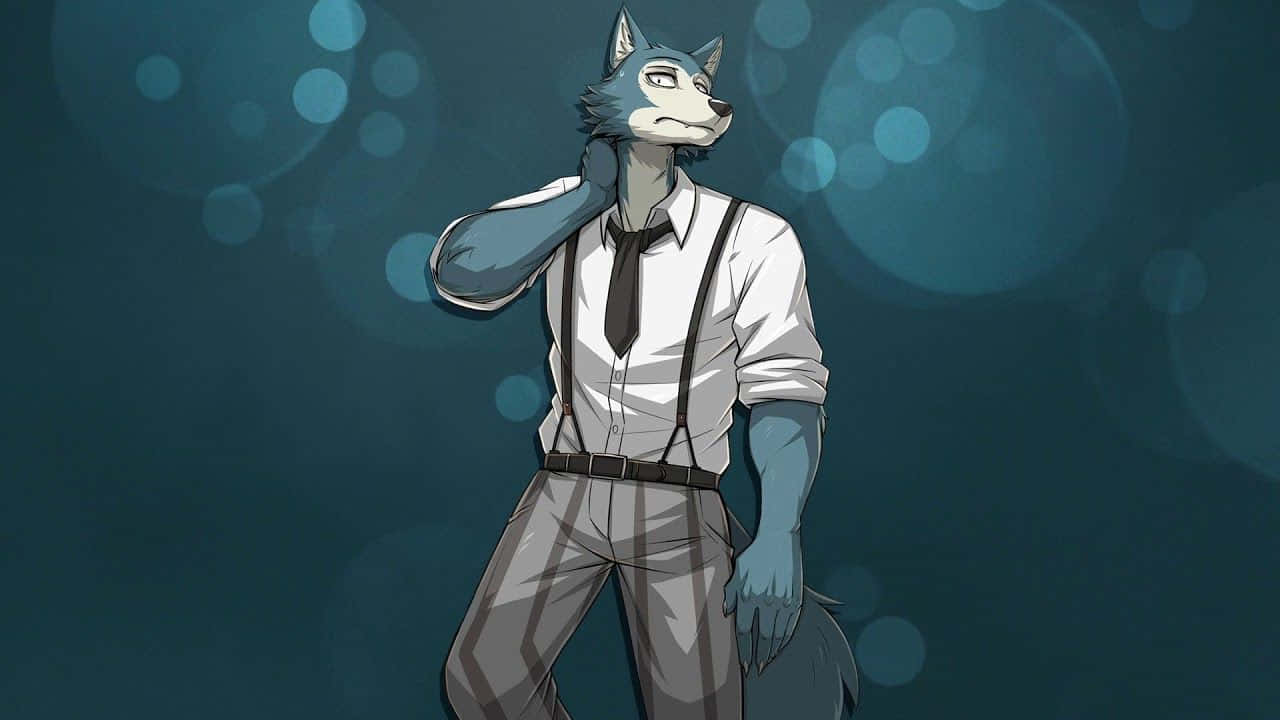 《Beastars》：實現你最瘋狂的夢想 壁紙 — 一隻藍色毛髮的擬人化狼，身穿白色襯衫和吊帶褲，在藍綠色散景背景前自信地擺姿勢。